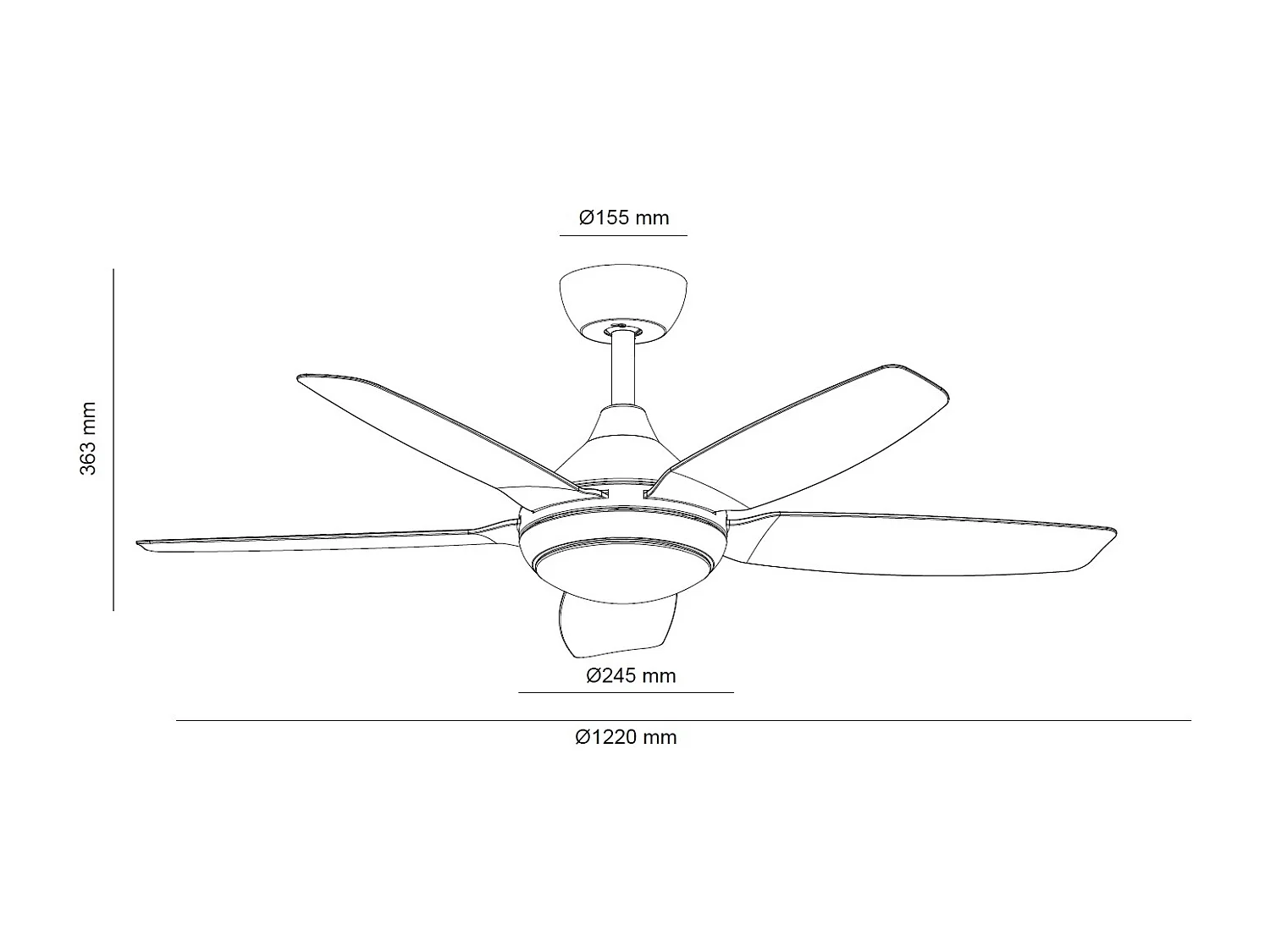 Ventilateur de Plafond Silencieux Dokós 122cm Motor DC Noir  Avec lumière, Contrôleur mural + télécommande, Wifi: True