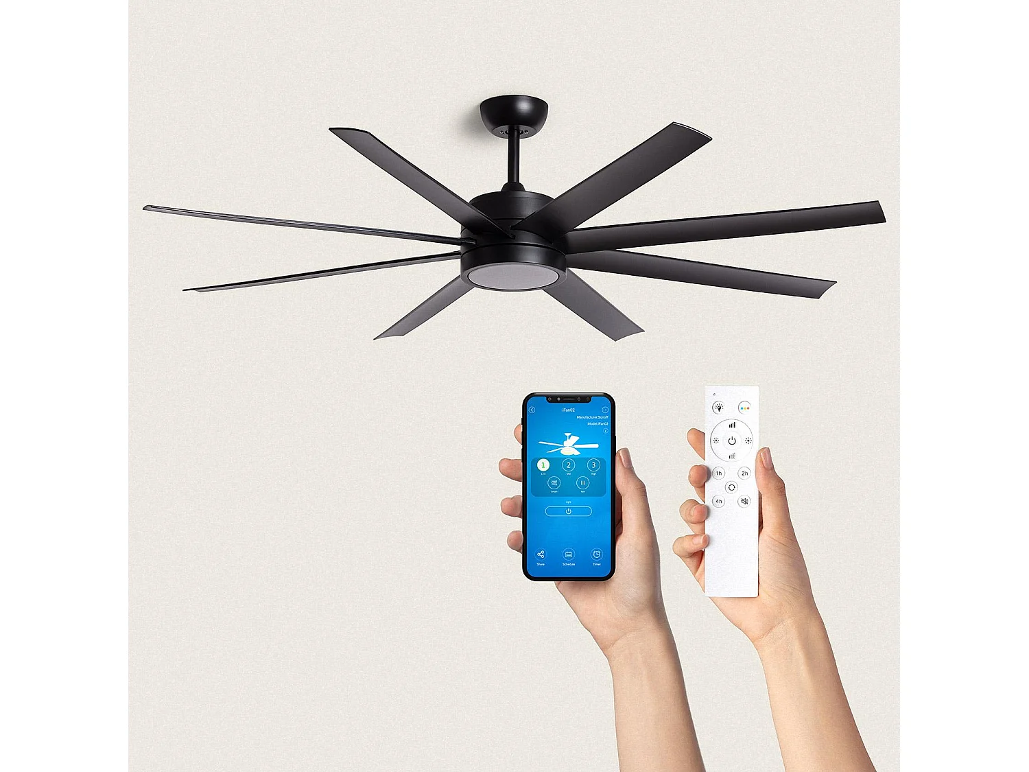 Ventilateur de Plafond Silencieux Hidra Noir 165cm Motor DC   Avec lumière, Contrôleur mural + télécommande, Wifi: True