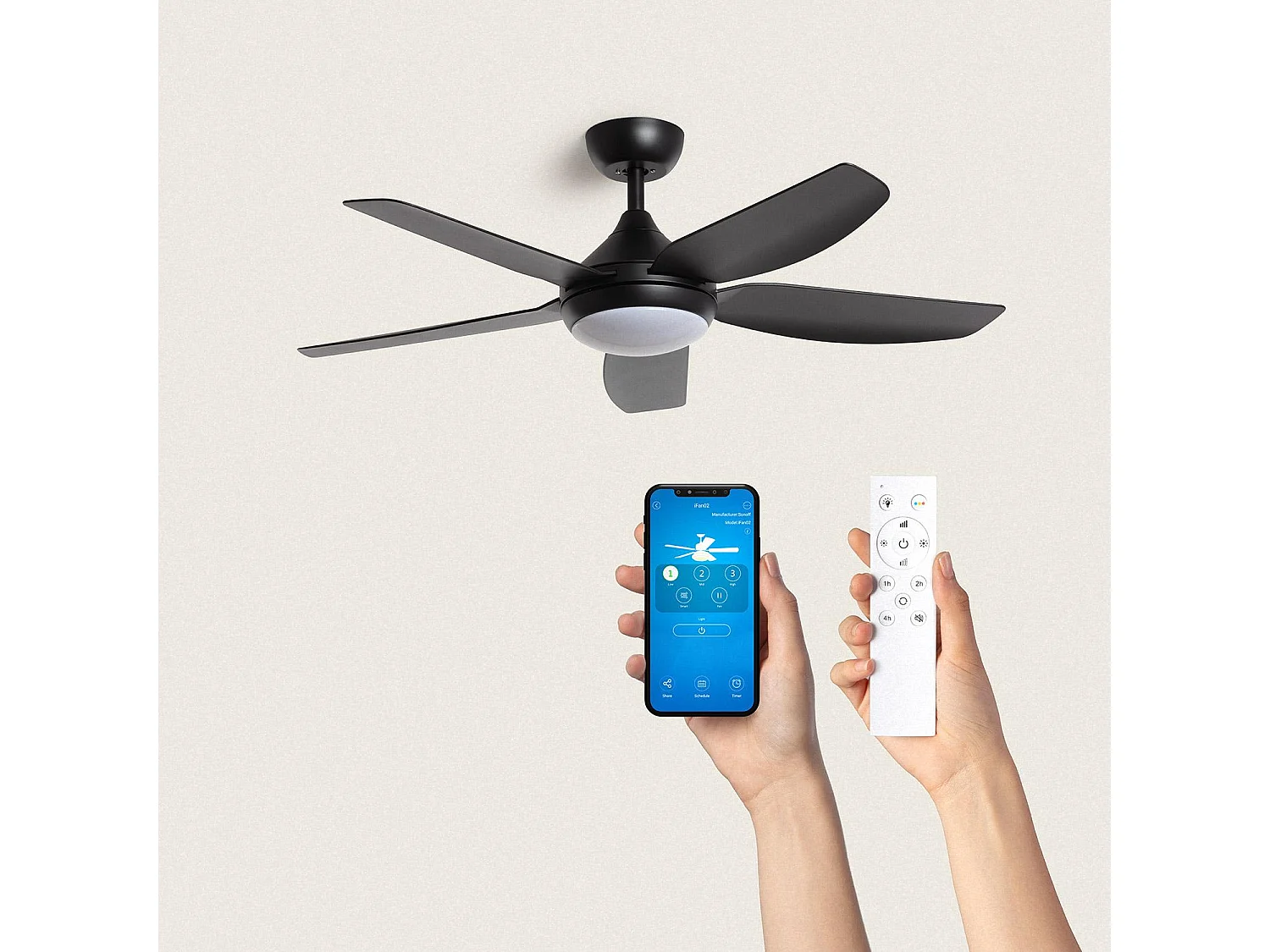 Ventilateur de Plafond Silencieux Dokós 122cm Motor DC Blanc  Avec lumière, Contrôleur mural + télécommande, Wifi: False