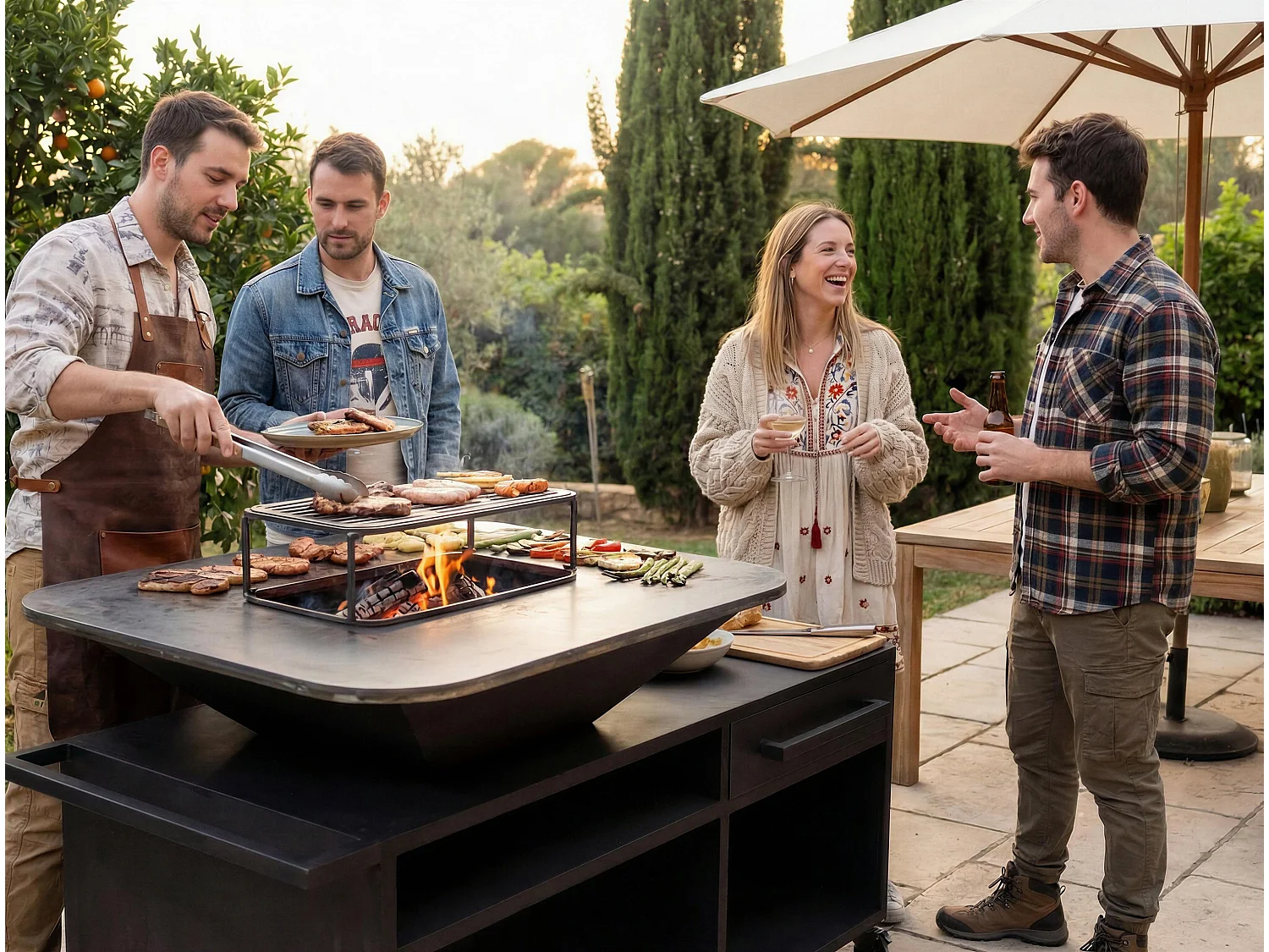 Grand barbecue avec armoire et plaque de cuisson en acier