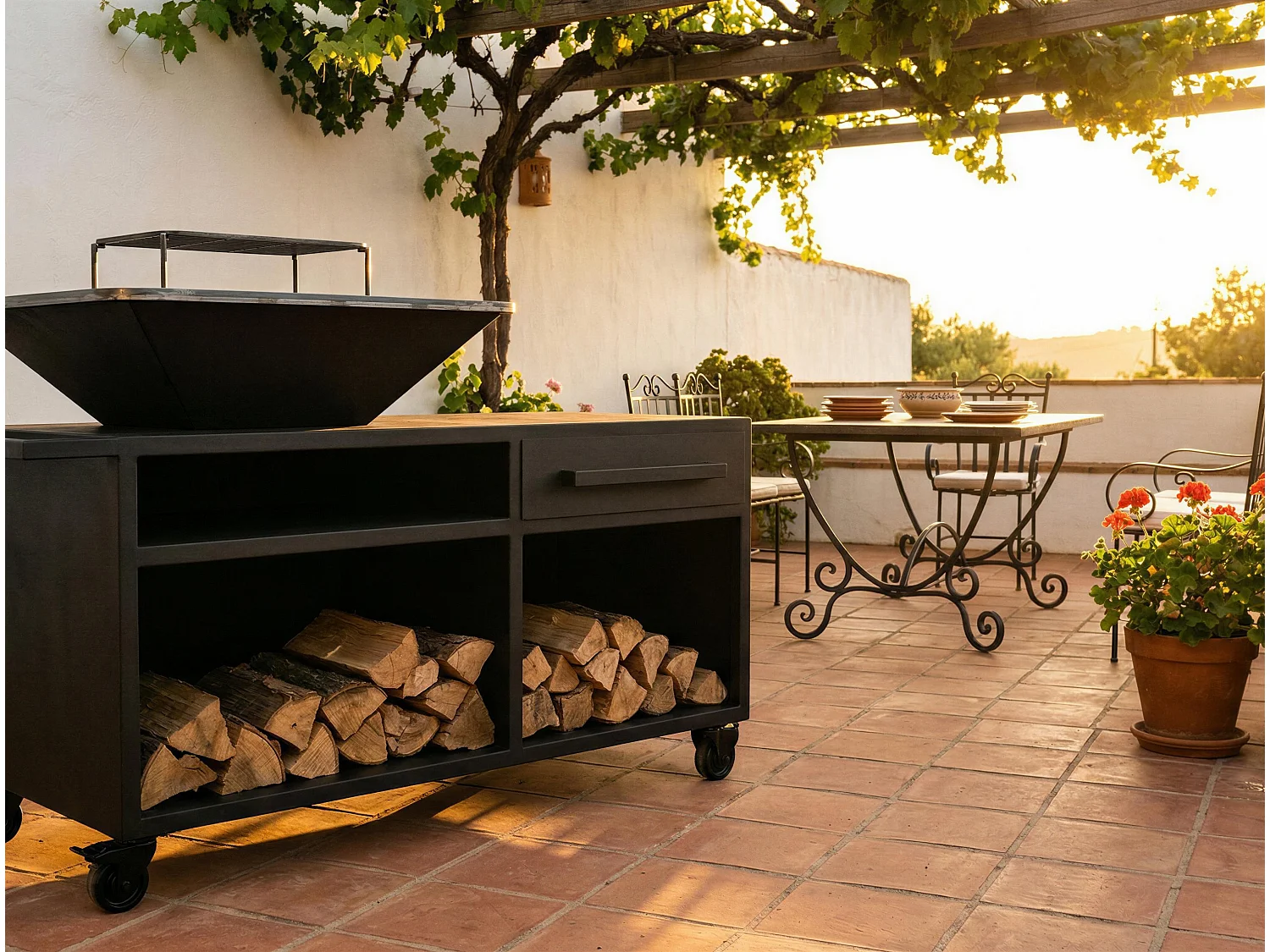 Grand barbecue avec armoire et plaque de cuisson en acier