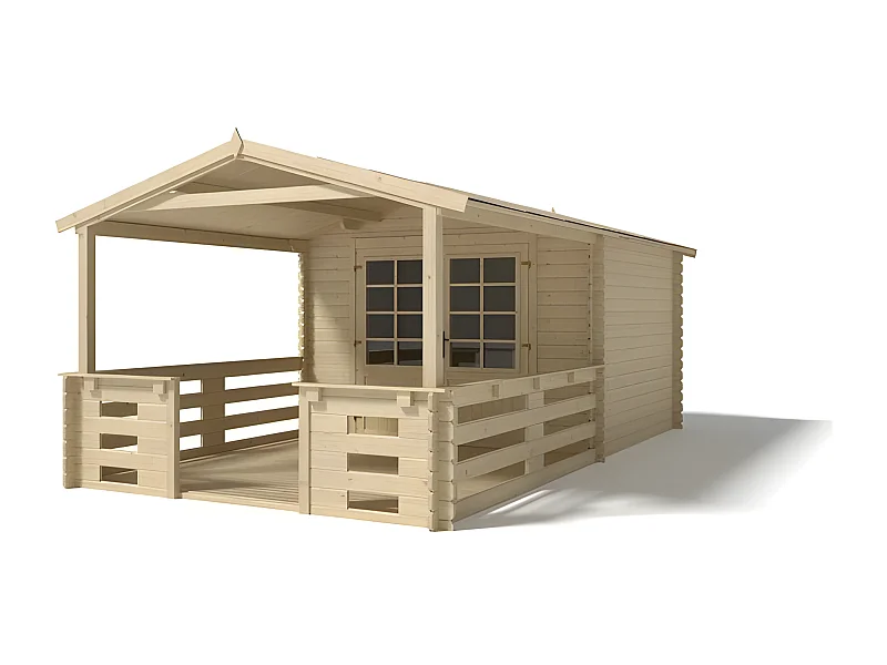 Casetta da giardino in legno con veranda e tettoia - 18.00m2 - 3.00x3.00m - 28mm - colore: naturale - DOM530+DOM394+DOM395+POD04 - ALTANKA