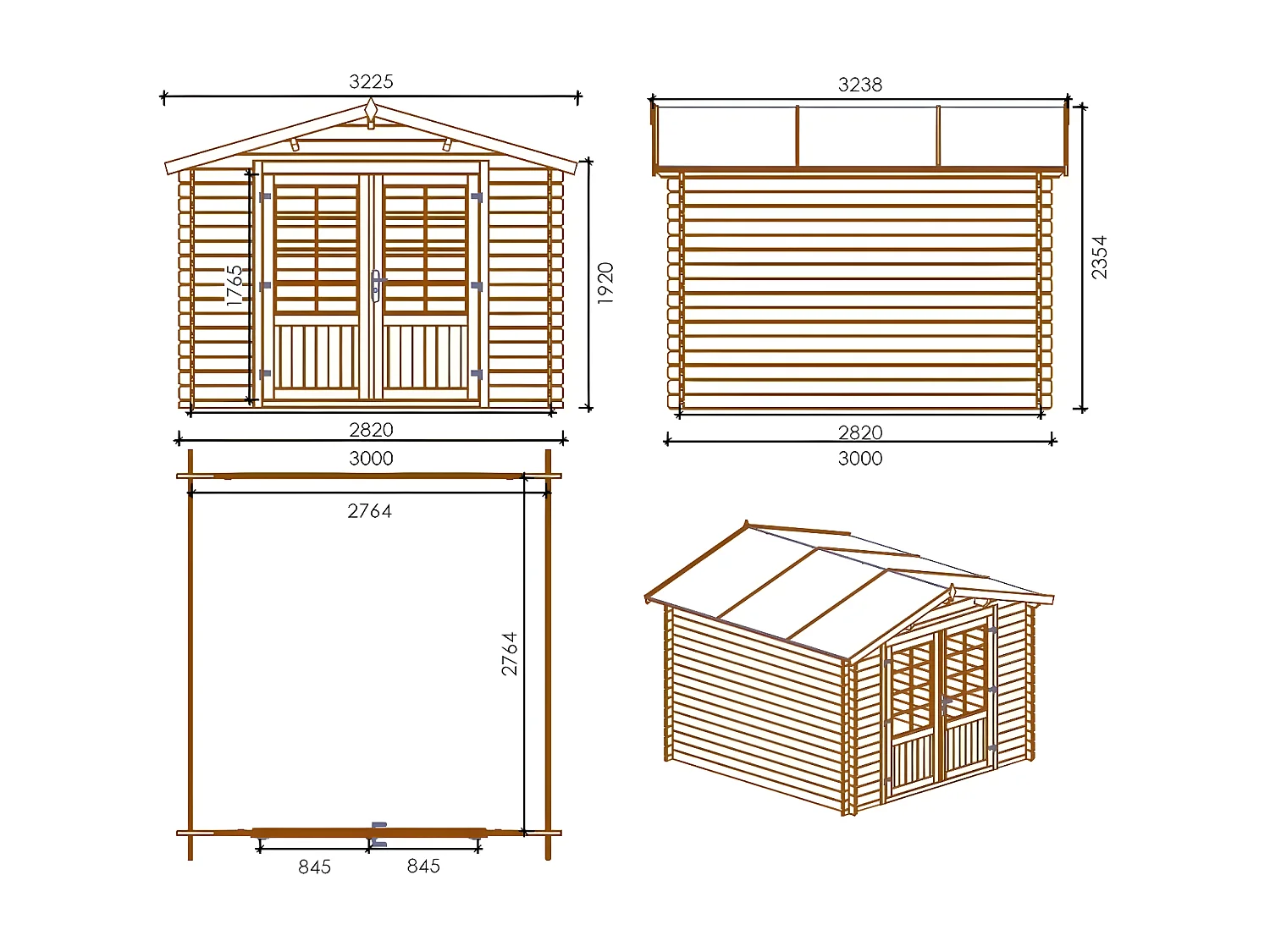 Abri de jardin en bois - 3x3 m + terrasse avec balustrade et avant-toit en bois - 18 m2 - DOM530+DOM394+DOM395+POD04 - ALTANKA