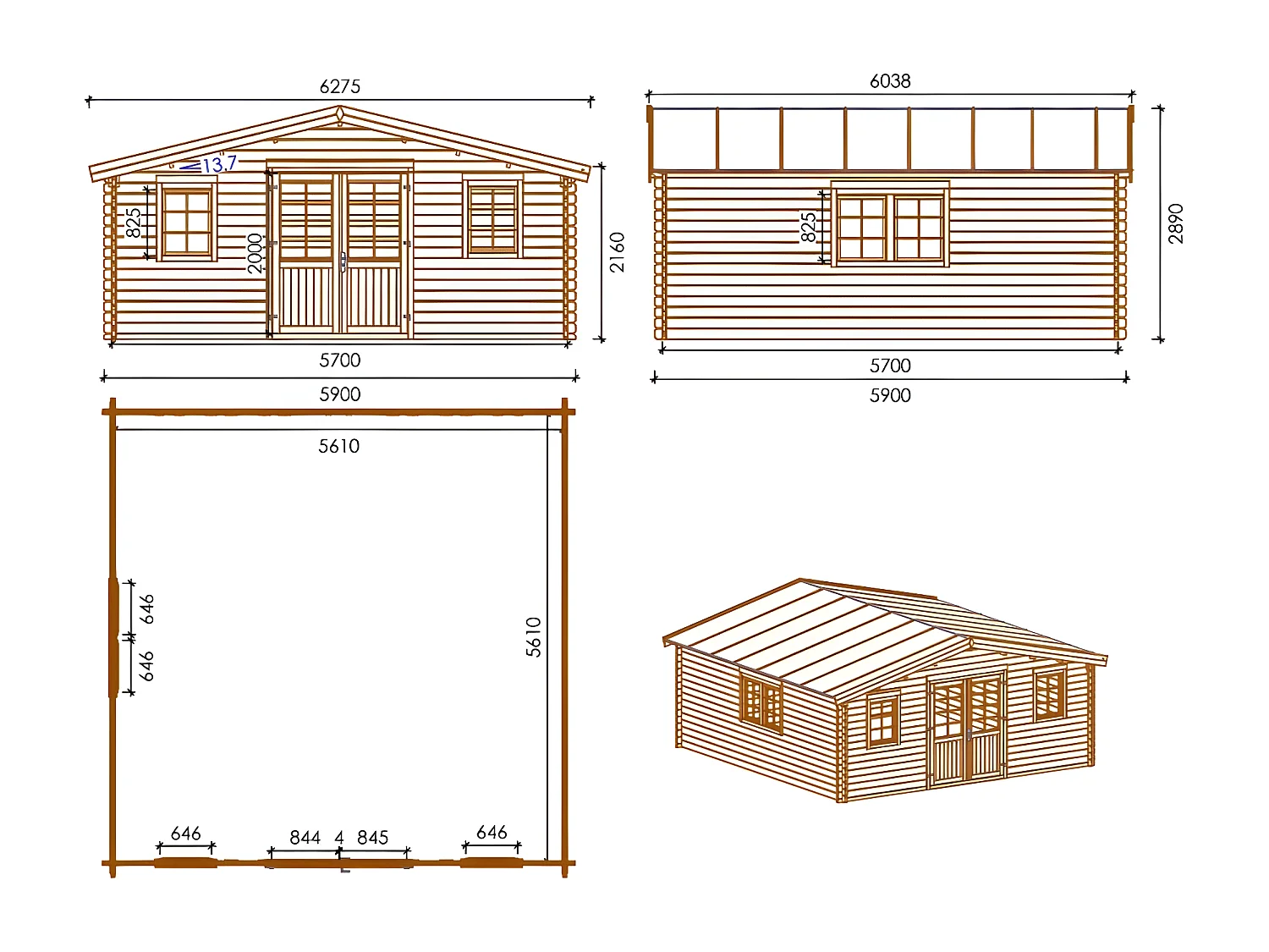 Casetta da giardino in legno - 34.80m2 - 5.90x5.90m - impregnata - 45mm - colore: marrone - DOM656 - ALTANKA