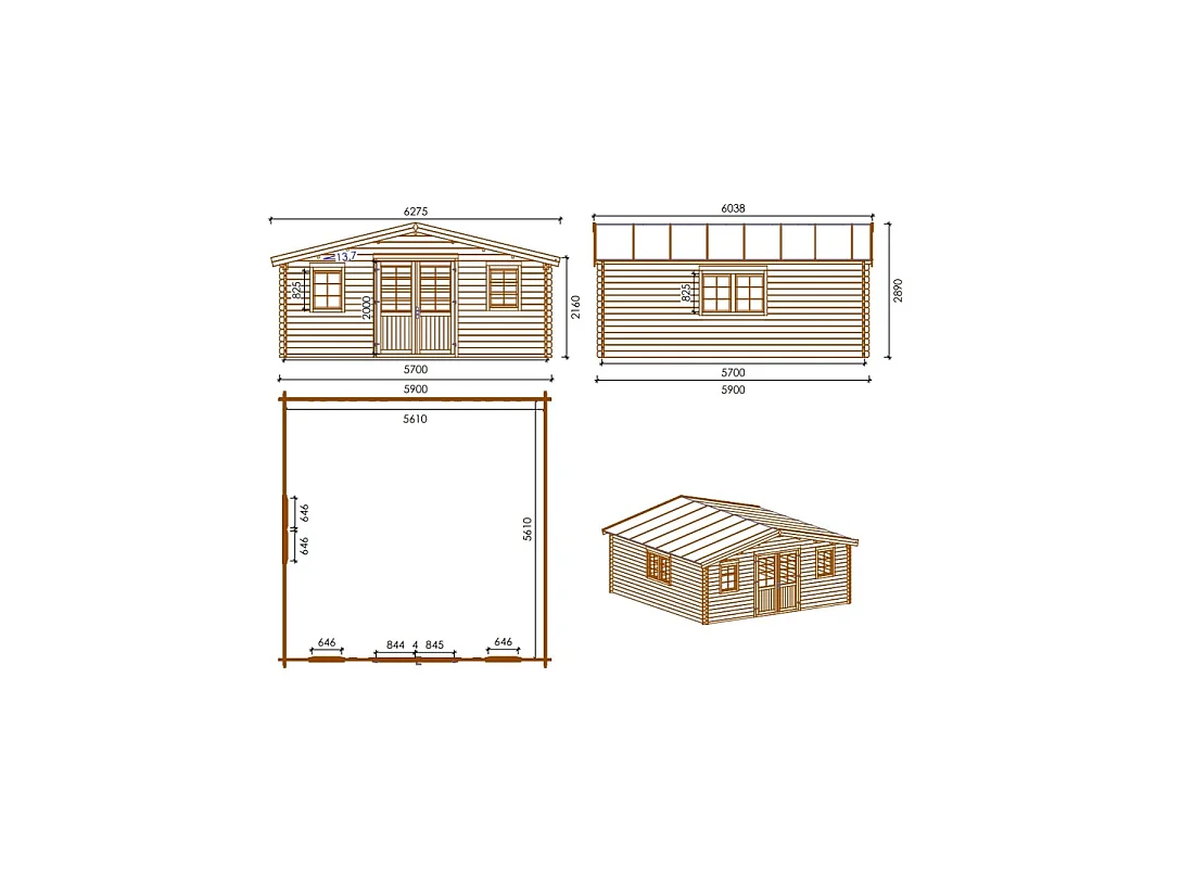 Abri de jardin en bois - 34.8m2 - 5.9x5.9m - Traité - Ep. 45mm - Couleur: marron - DOM656 - ALTANKA