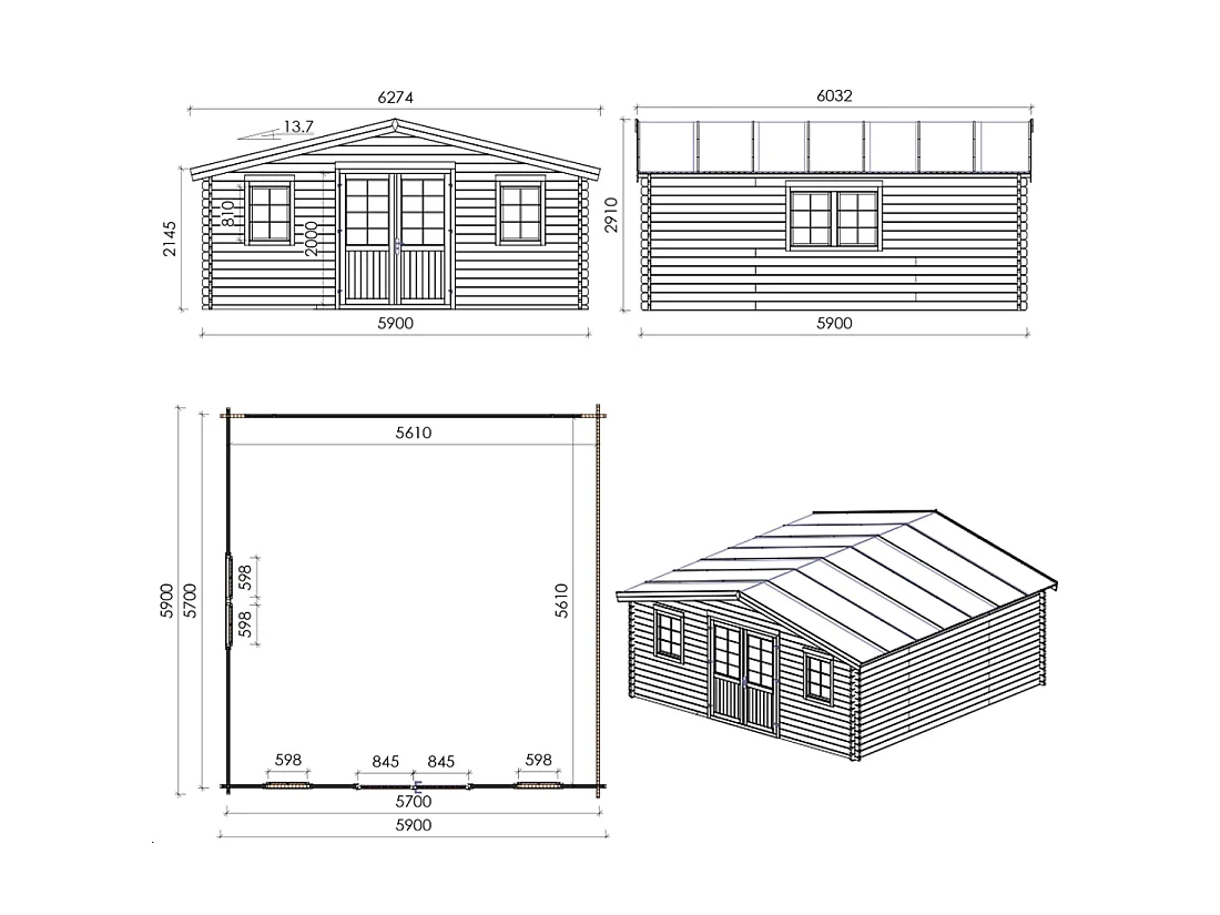 Casetta da giardino in legno - 34.8m2 - 5.9x5.9m - impregnata - 45mm - colore: marrone - DOM656 - ALTANKA