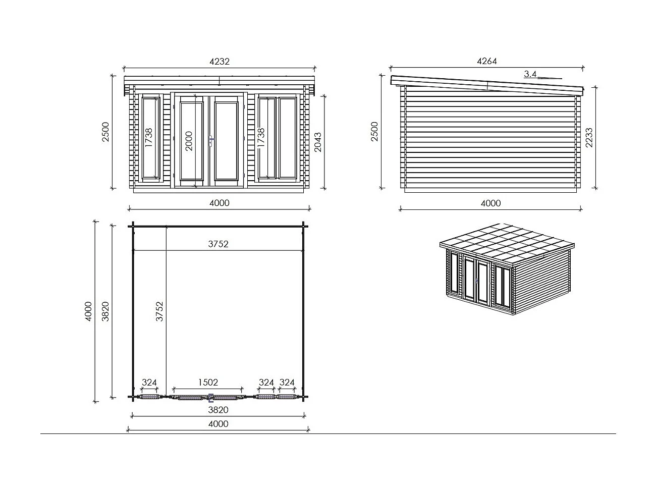 Casetta da giardino in legno - 16.00m2 - 4.00x4.00m - 34mm - colore: naturale - DOM653 - ALTANKA