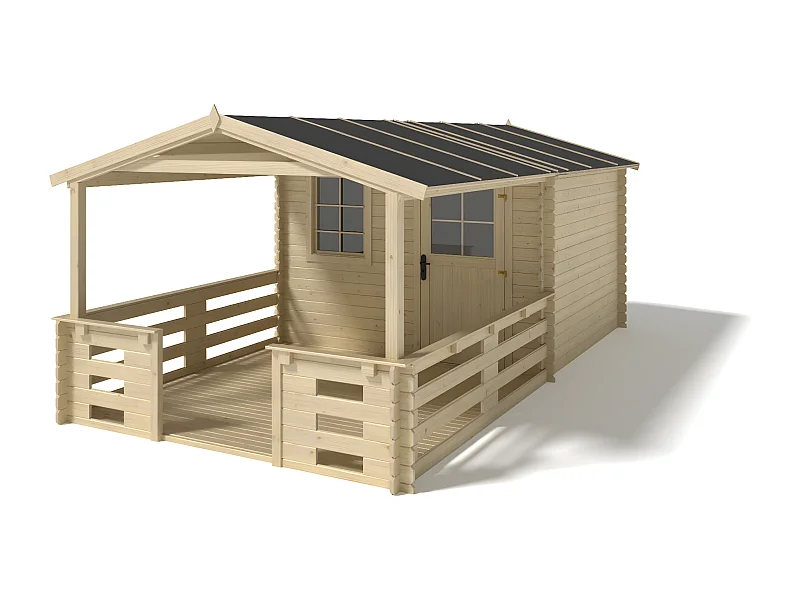 Casetta da giardino in legno con veranda e tettoia - 16.5m2 - 3x2.5m - 28mm - colore: naturale - DOM469+DOM394+DOM395+POD04 - ALTANKA