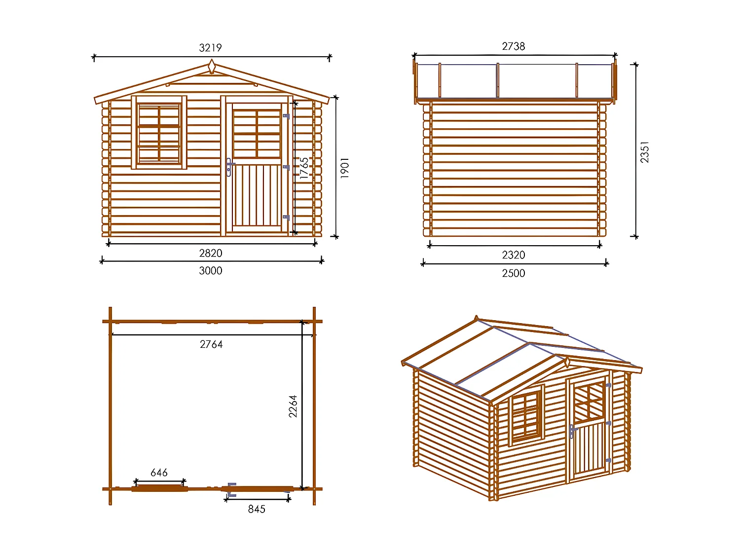 Casetta da giardino in legno con veranda e tettoia - 16.5m2 - 3x2.5m - 28mm - colore: naturale - DOM469+DOM394+DOM395+POD04 - ALTANKA