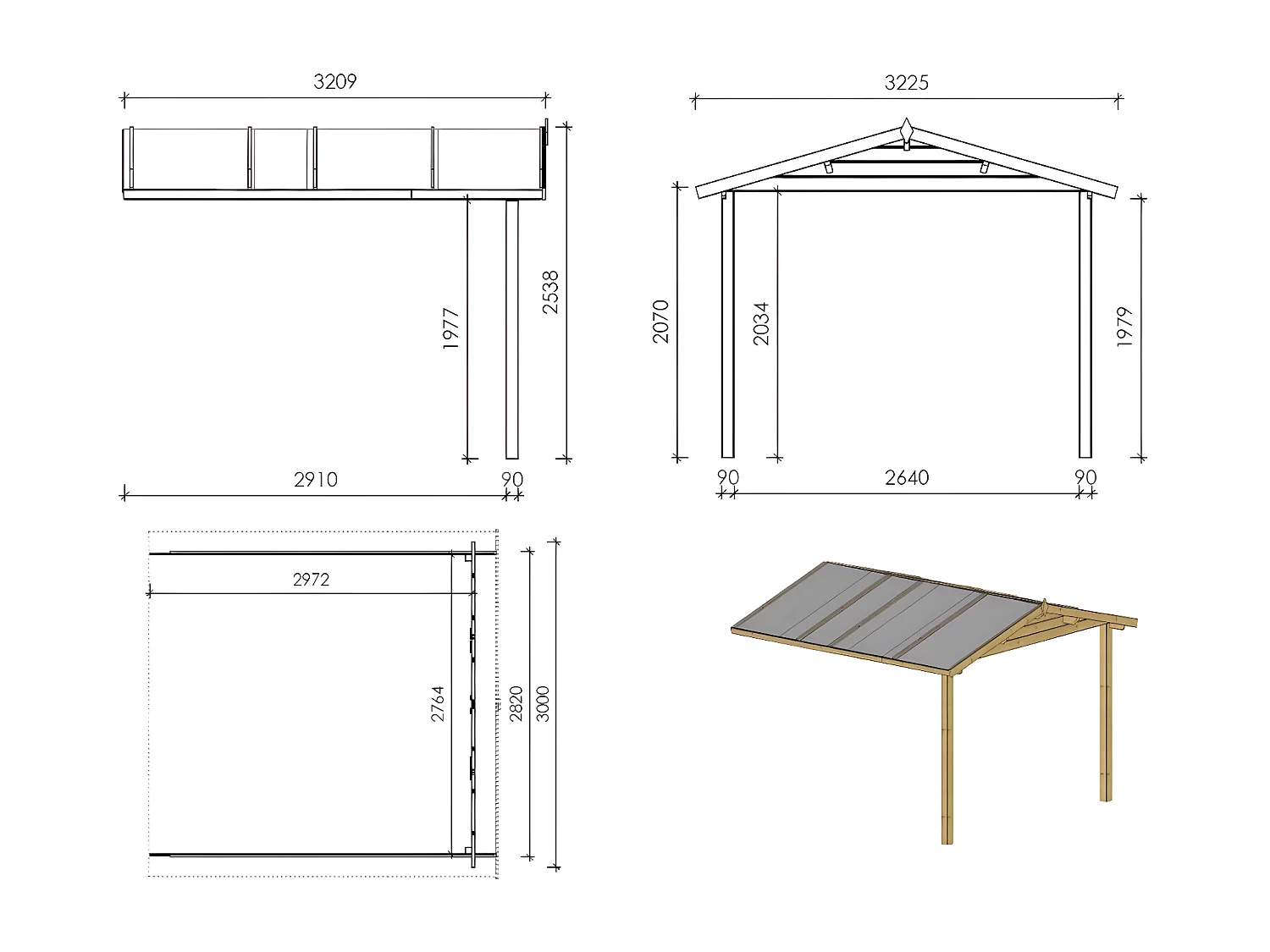 Casetta da giardino in legno con veranda e tettoia - 16.5m2 - 3x2.5m - 28mm - colore: naturale - DOM469+DOM394+DOM395+POD04 - ALTANKA