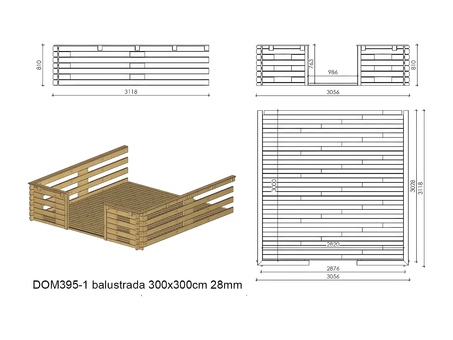 Casetta da giardino in legno con veranda e tettoia - 16.5m2 - 3x2.5m - 28mm - colore: naturale - DOM469+DOM394+DOM395+POD04 - ALTANKA
