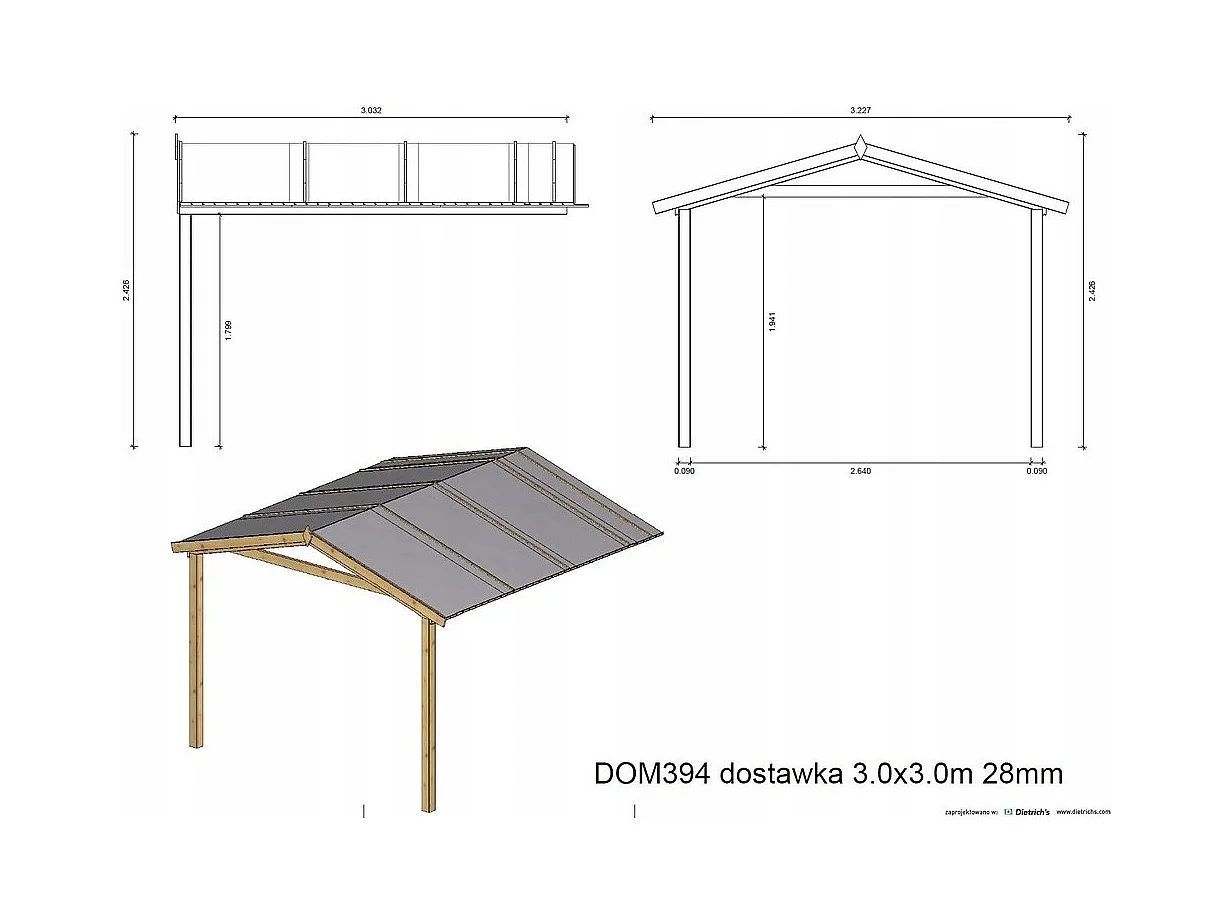 Avant-toit en bois 3x3m pour le chalet de jardin 3m, traité, marron - DOM539 - ALTANKA