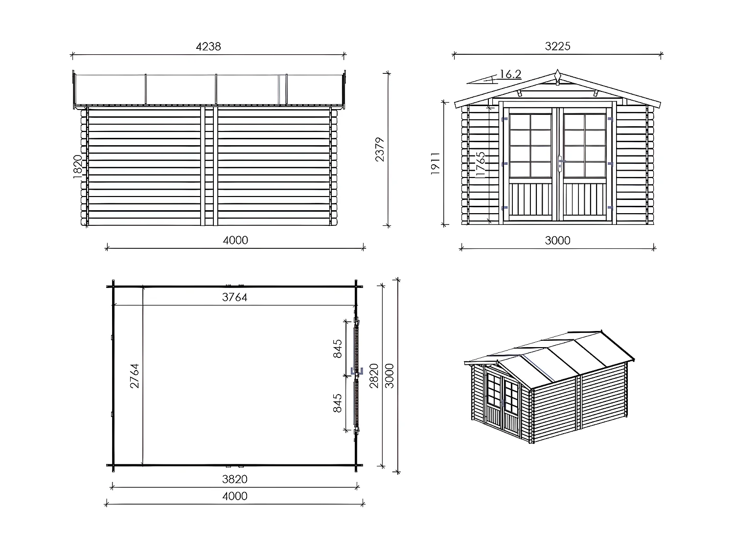 Abri de jardin en bois - 12m2 - 3x4m - Ep. 28mm - Couleur: naturel - DOM661 - ALTANKA