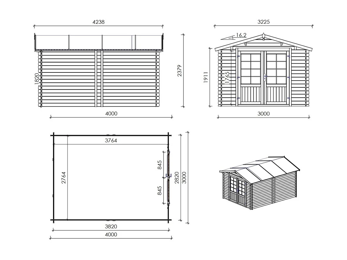 Abri de jardin en bois - 12m2 - 3x4m - Ep. 28mm - Couleur: naturel - DOM661 - ALTANKA