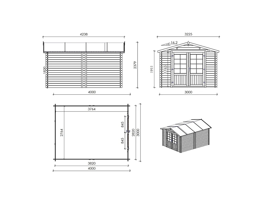Abri de jardin en bois - 12m2 - 3x4m - Ep. 28mm - Couleur: naturel - DOM661 - ALTANKA