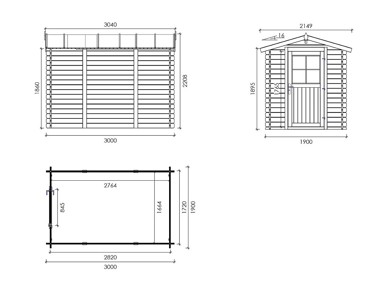Abri de jardin en bois - 5.7m2 - 1.9x3m - Ep. 28mm - Couleur: naturel - DOM662 - ALTANKA