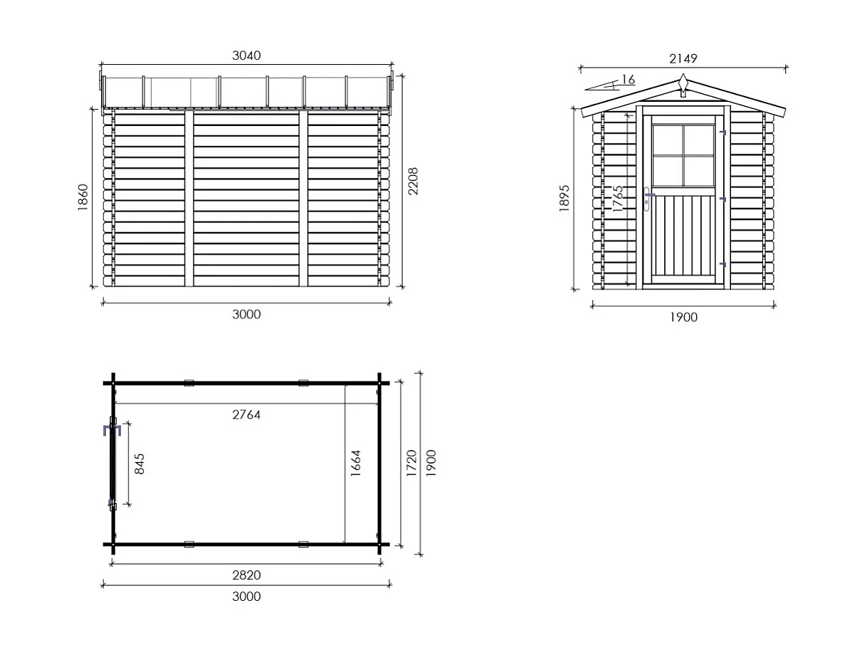 Abri de jardin en bois - 5.7m2 - 1.9x3m - Ep. 28mm - Couleur: naturel - DOM662 - ALTANKA