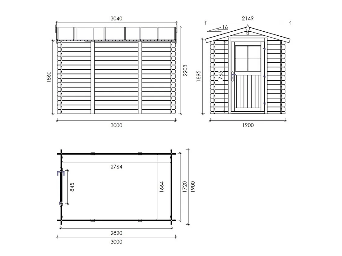 Abri de jardin en bois - 5.7m2 - 1.9x3m - Ep. 28mm - Couleur: naturel - DOM662 - ALTANKA