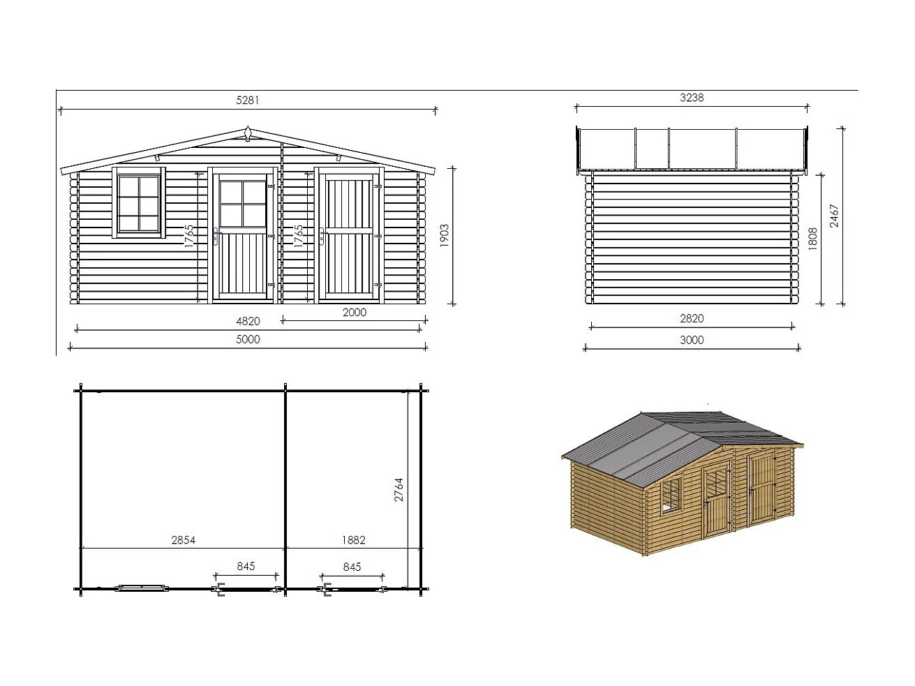 Abri de jardin en bois - 15m2 - 5x3m - Ep. 28mm - Couleur: naturel - DOM578 - ALTANKA