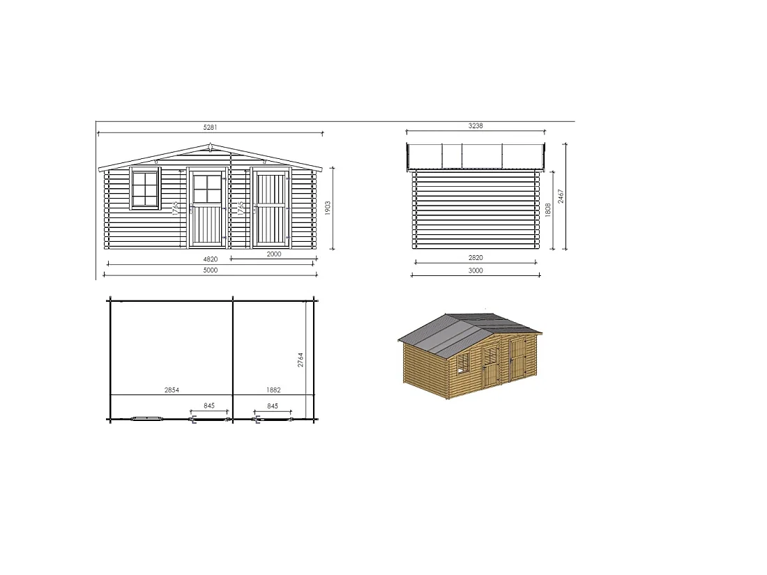 Abri de jardin en bois - 15m2 - 5x3m - Ep. 28mm - Couleur: naturel - DOM578 - ALTANKA