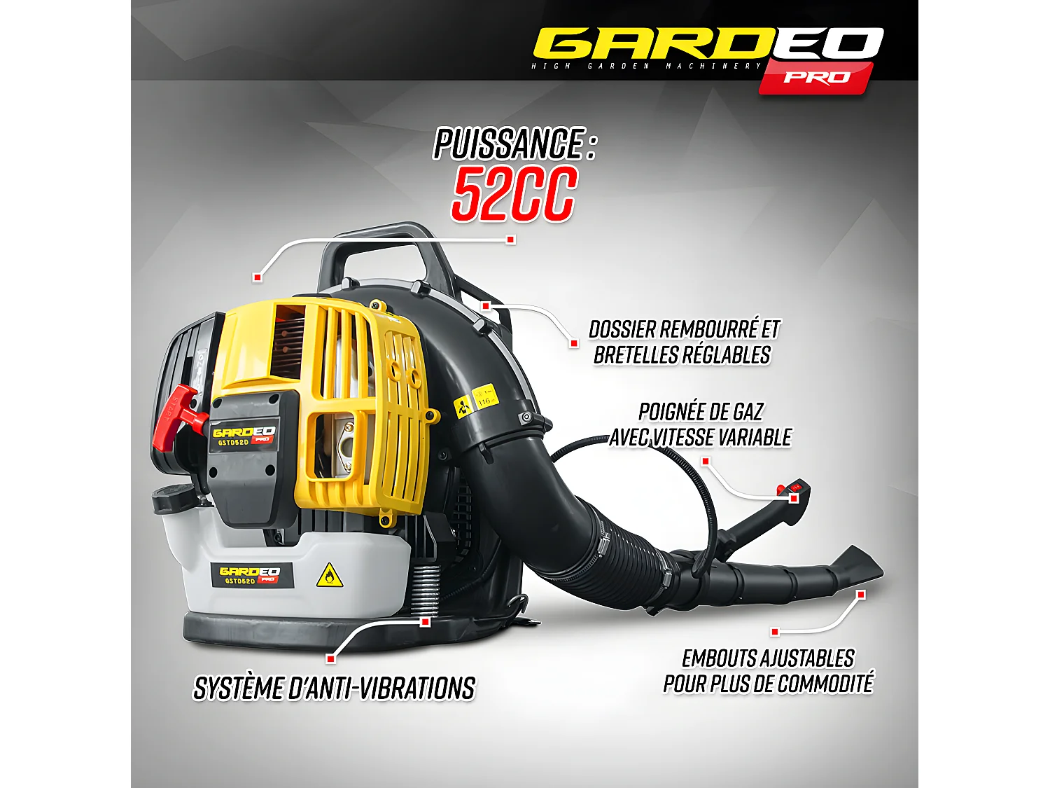 Souffleur thermique dorsal 52CC - 281km/H - Gardeo Pro