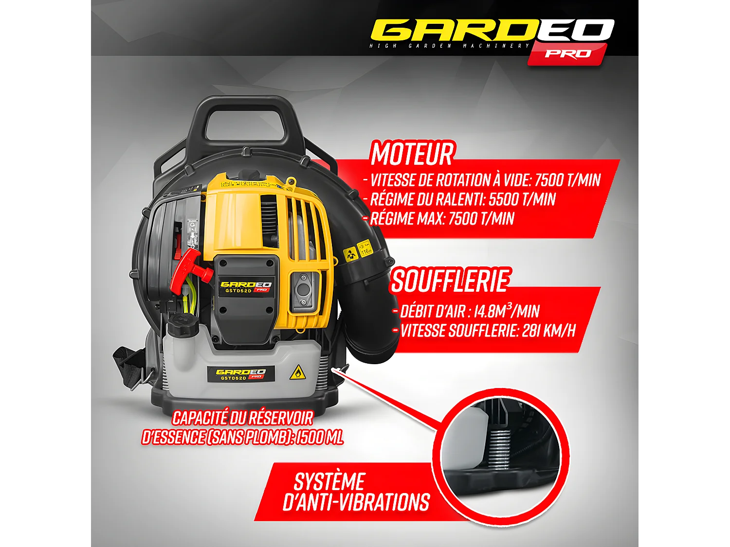 Souffleur thermique dorsal 52CC - 281km/H - Gardeo Pro
