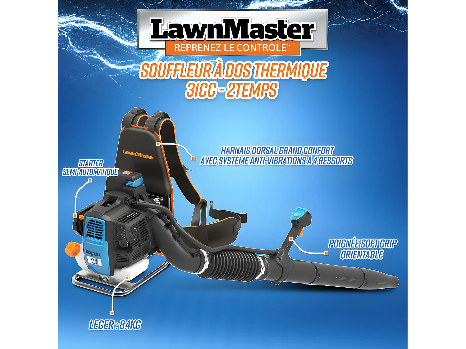 Souffleur thermique dorsal 31CC avec démarrage électrique - 270km/H - Lawnmaster