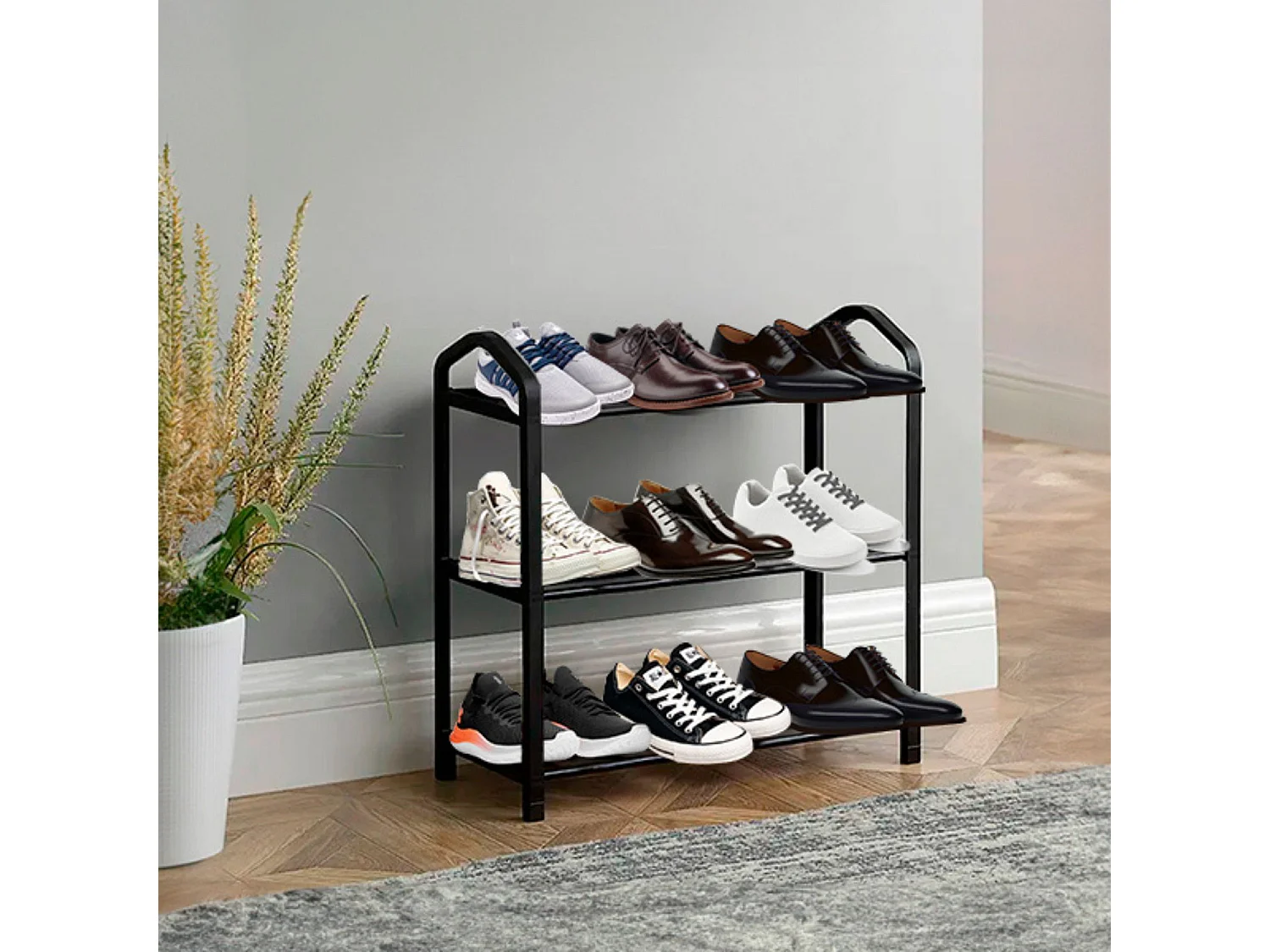 Étagère à chaussures 3 étagères Zip noir 62,5x19x44cm O91