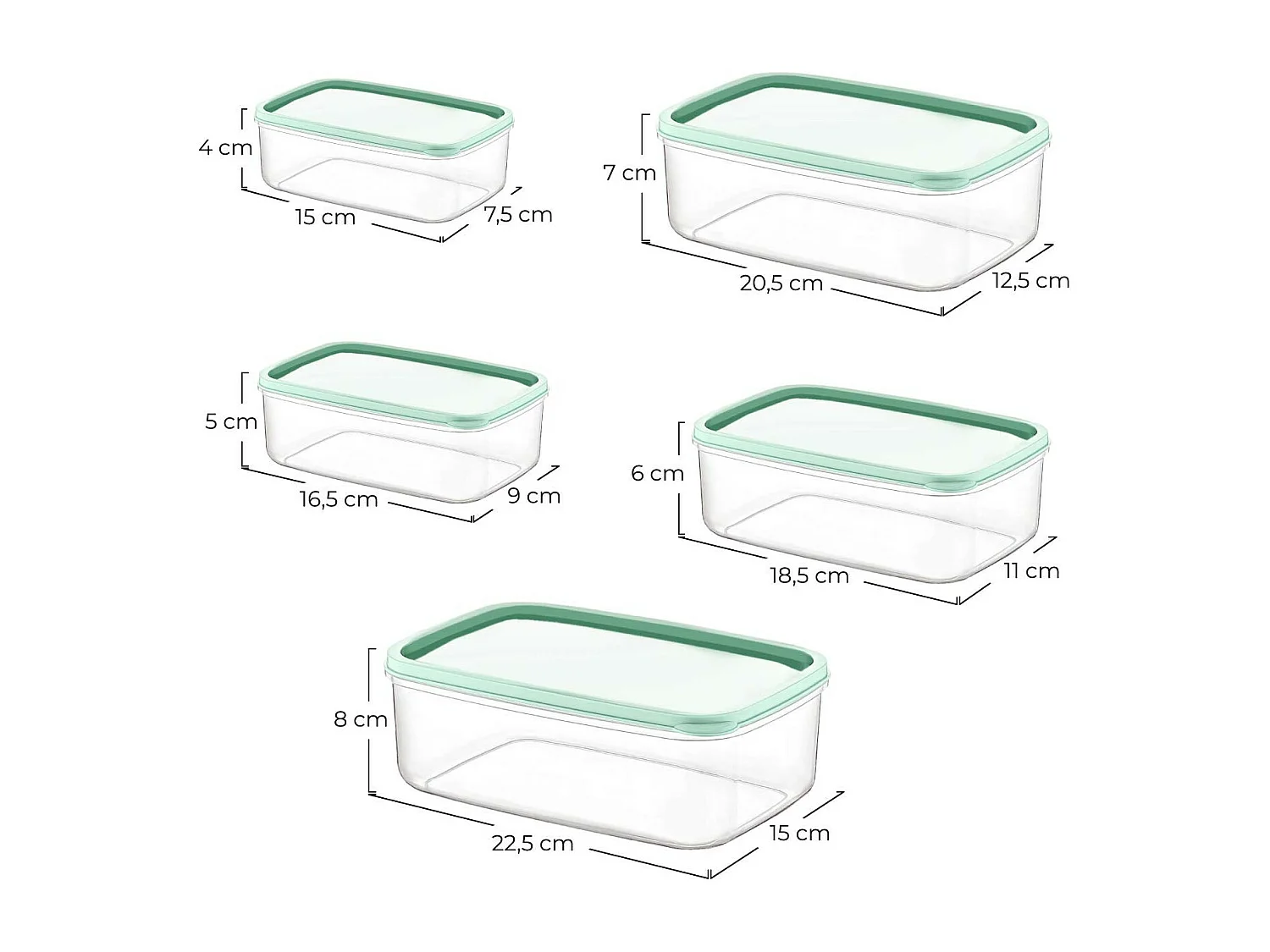 Set 5 Recipientes Herméticos para Alimentos, de forma Rectangular 7house