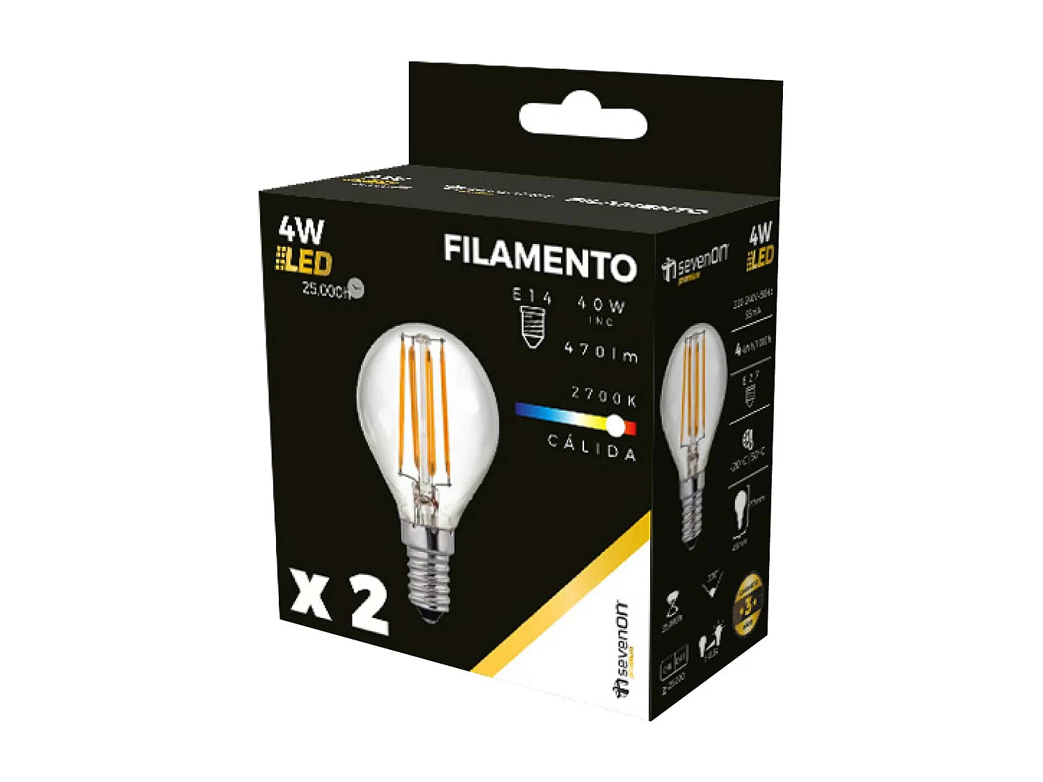Pack 2 Bombillas LED Filamento Esféricas E14 4W Equi.40W 470lm 2700K 25000H 7hSevenOn Premium