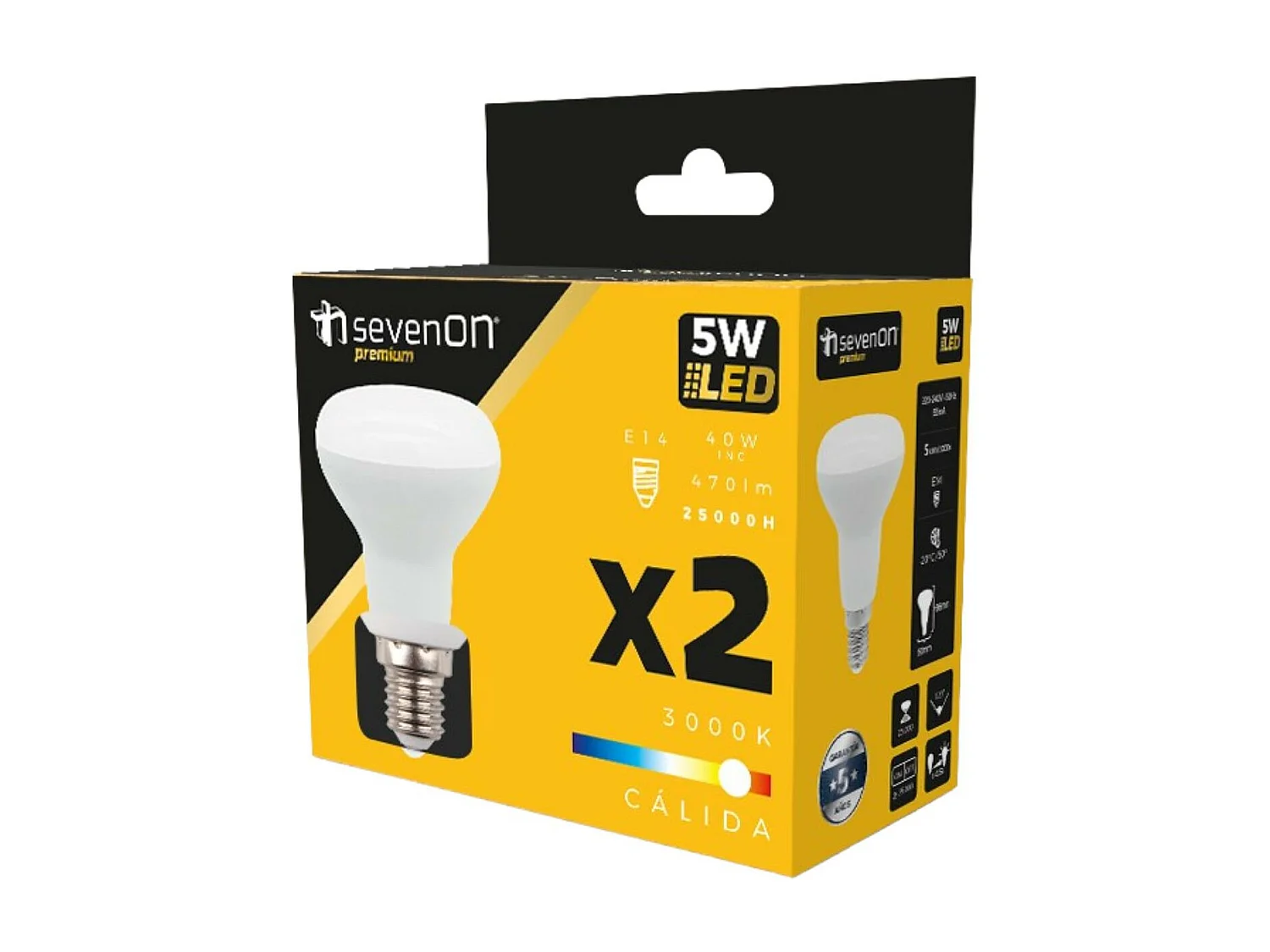 Pack de 2 Ampoules Réflecteur LED E14 5W Equi.40W 470lm 25000H 7hSevenOn Premium