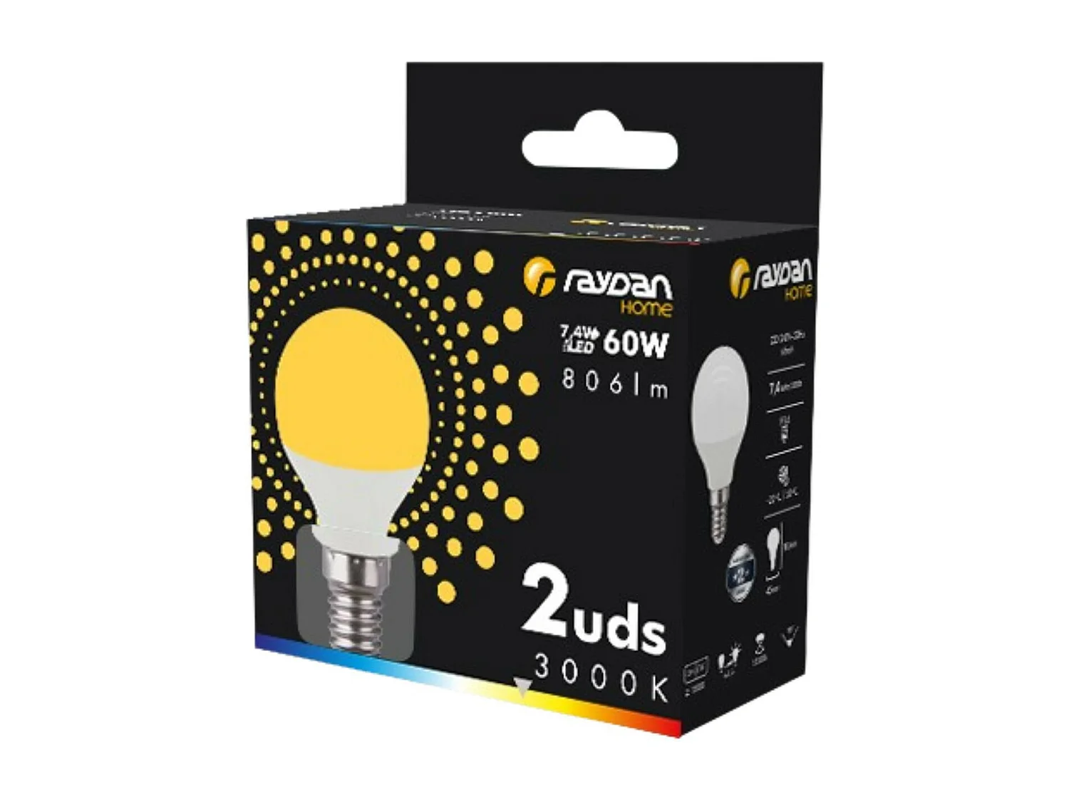 Pack 2 Bombillas LED Esférica E14 7,4W Equi.60W 806lm 15000H Raydan Home