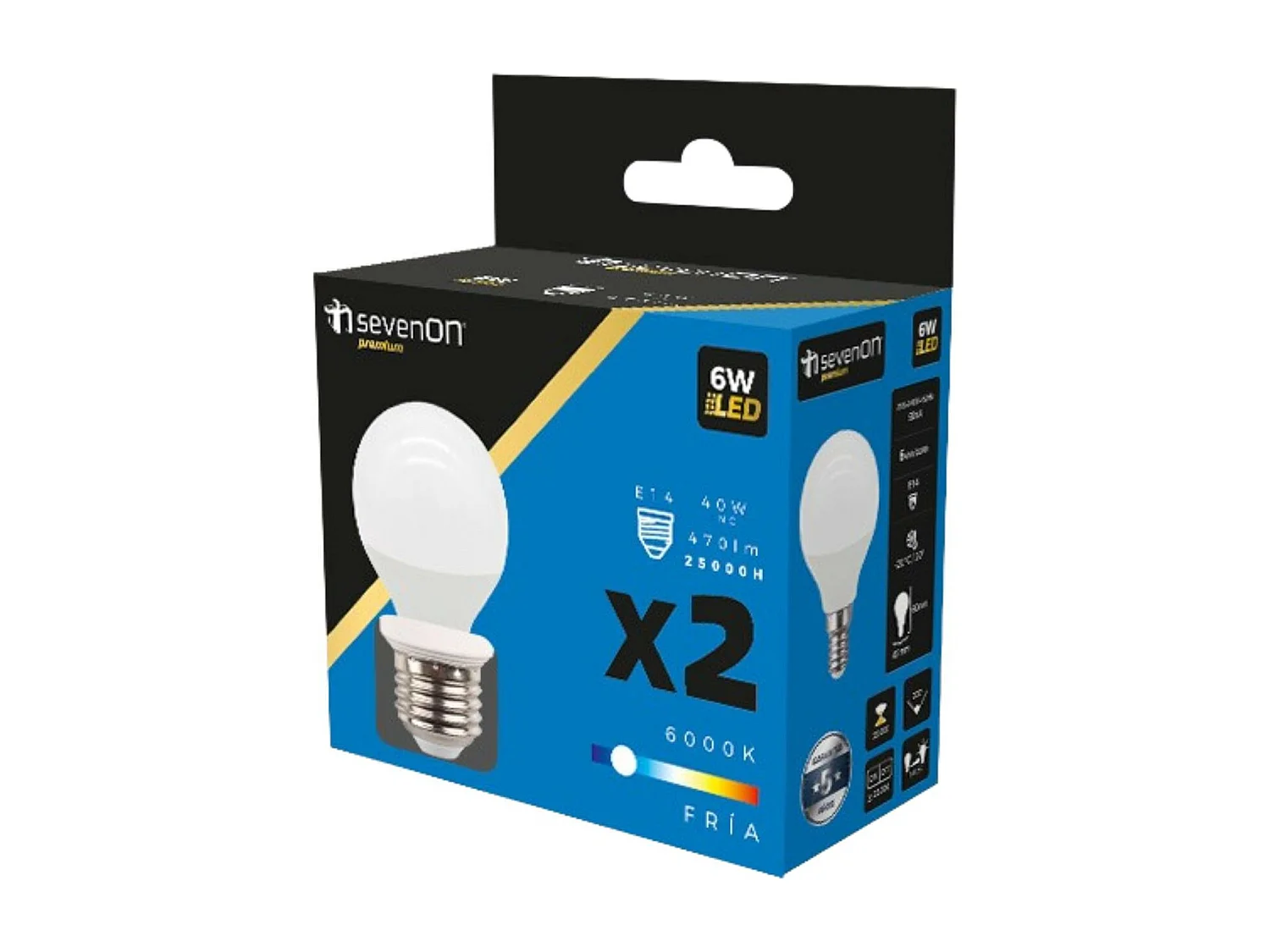 Pack 2 Bombillas LED Esférica E14 6W Equi.40W 470lm 25000H 7hSevenOn Premium