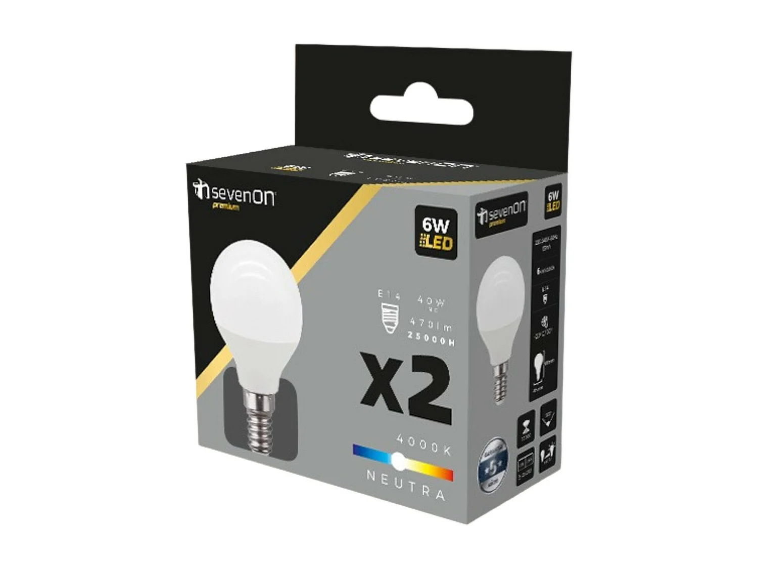 Pack 2 Bombillas LED Esférica E14 6W Equi.40W 470lm 25000H 7hSevenOn Premium