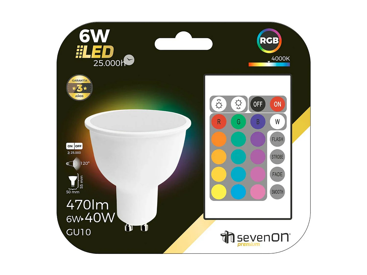 Bombilla LED Spotlight GU10 6W Equi.40W 470lm RGB con Mando a Distancia 25000H 7hSevenOn Premium