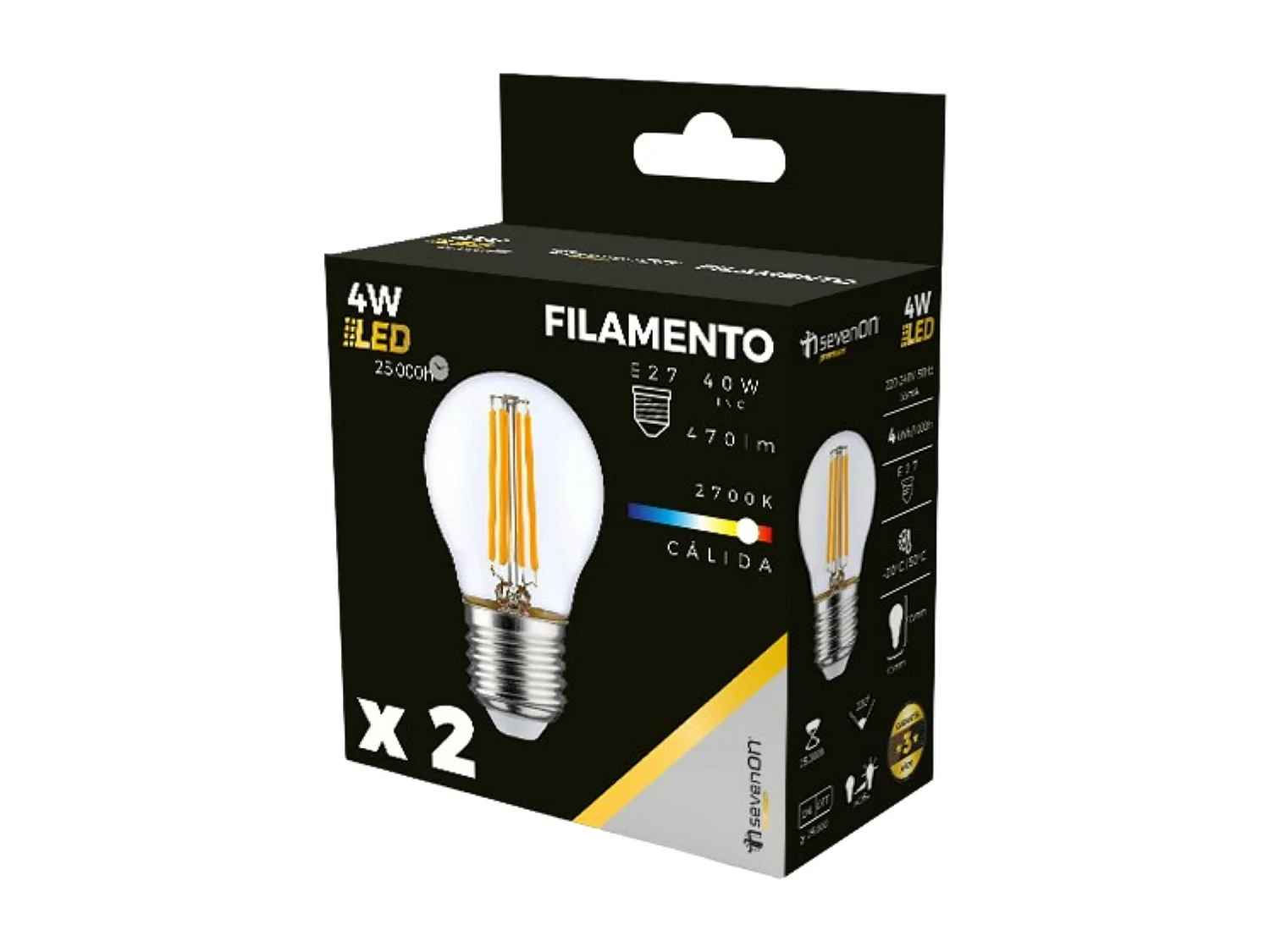 Pack de 2 Ampoules LED à Filament Sphérique E27 4W Equi.40W 470lm 2700K 25000H 7hSevenOn Premium