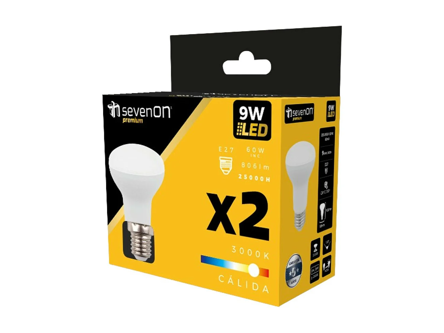 Pack 2 Ampoules Réflecteur LED E27 9W Equi.60W 806lm 25000H 7hSevenOn Premium