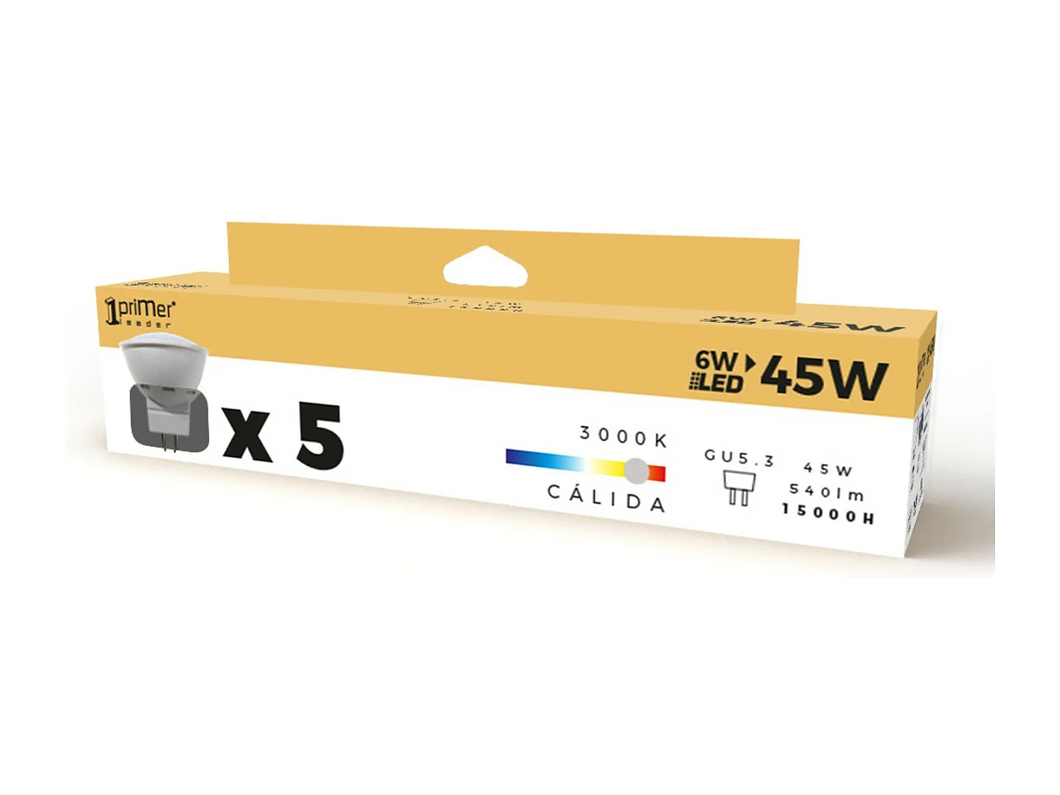 Pack 5 Bombillas LED Spotlight GU5.3 6W Equi.50W 540lm 3000K 15000H Primer Leader