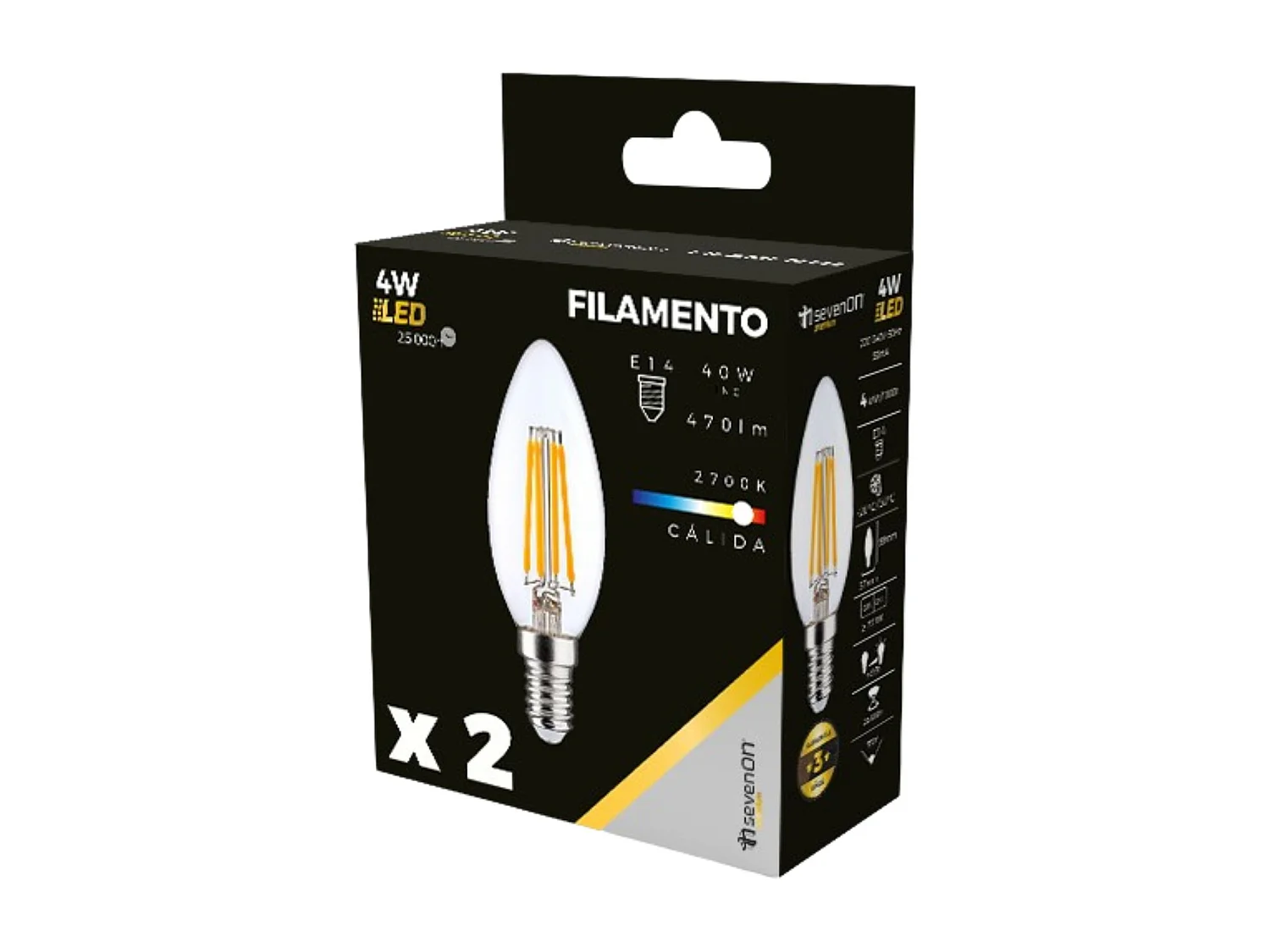 Pack 2 Bombillas LED Filamento Vela E14 4W Equi.40W 470lm 2700K 25000H 7hSevenOn Premium