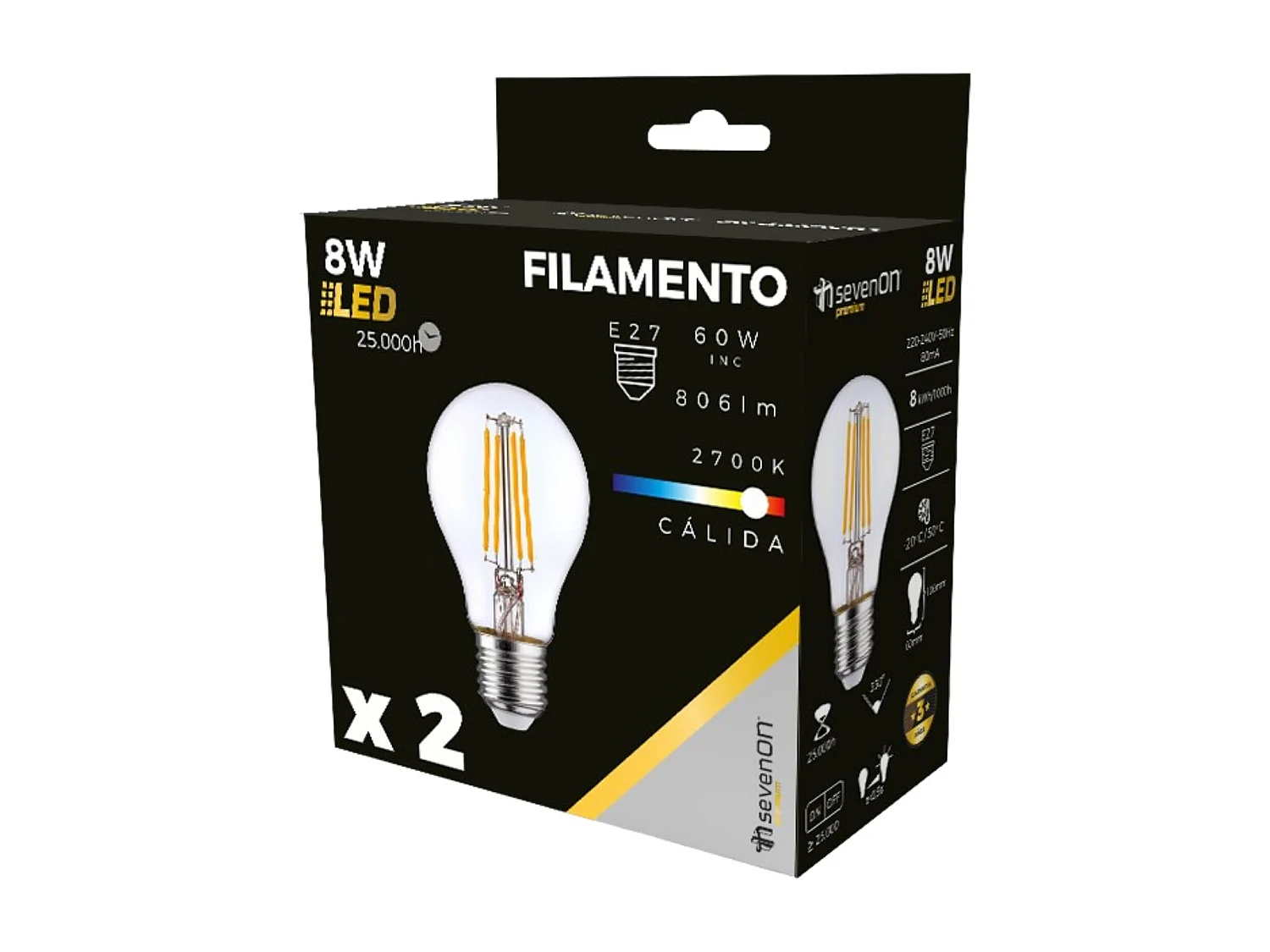 Pack 2 Bombillas LED Filamento Estándar E27 8W Equi.60W 806lm 2700K 25000H 7hSevenOn Premium