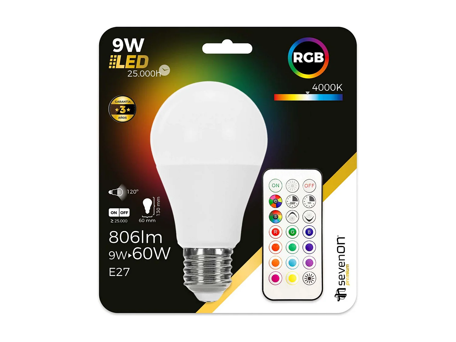 Ampoule LED Standard E27 9W Equi.60W 806lm RGB avec Télécommande 25000H 7hSevenOn Premium