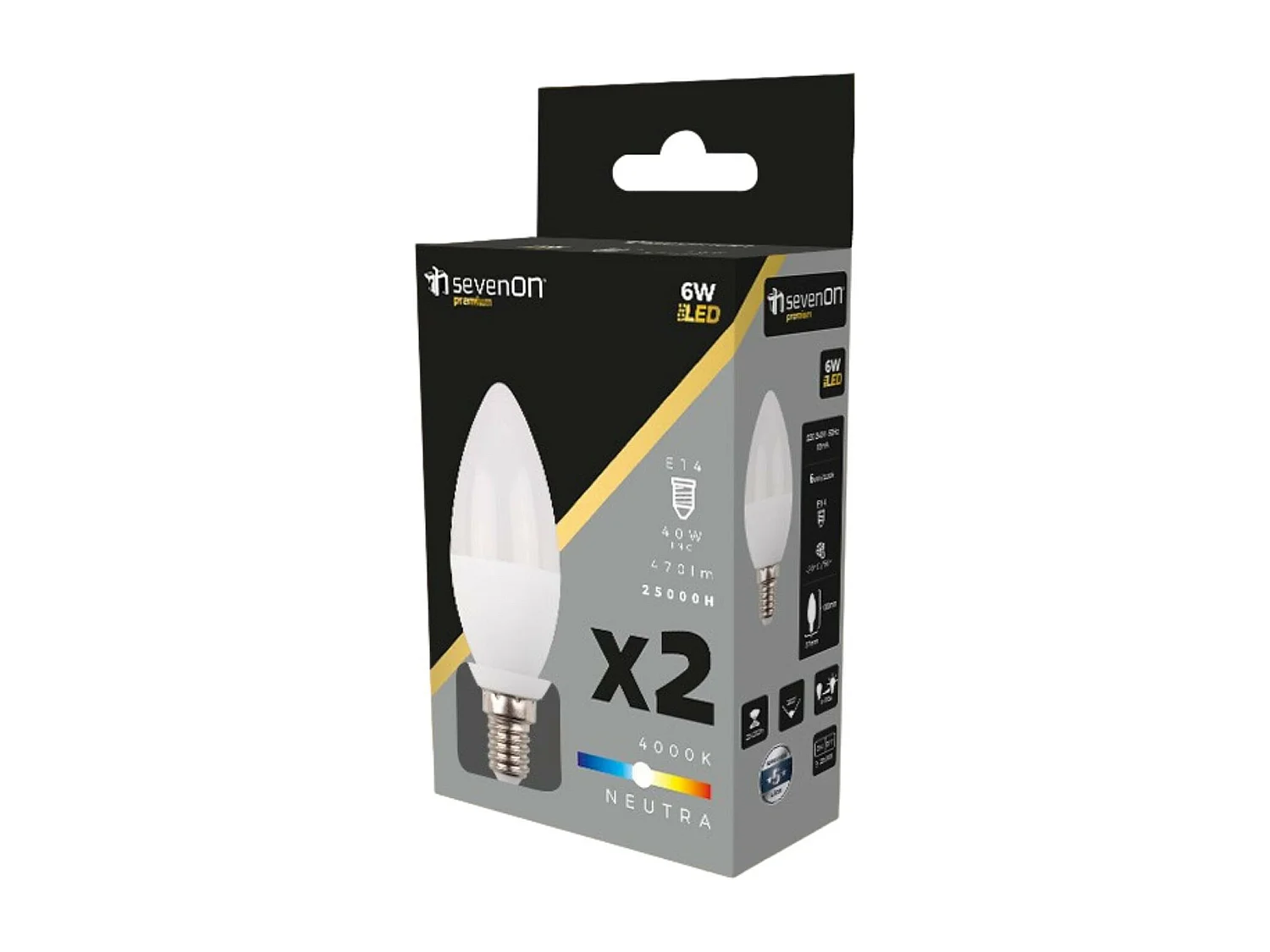 Pack 2 Ampoules Bougie LED E14 6W Equi.40W 470lm 25000H 7hSevenOn Premium