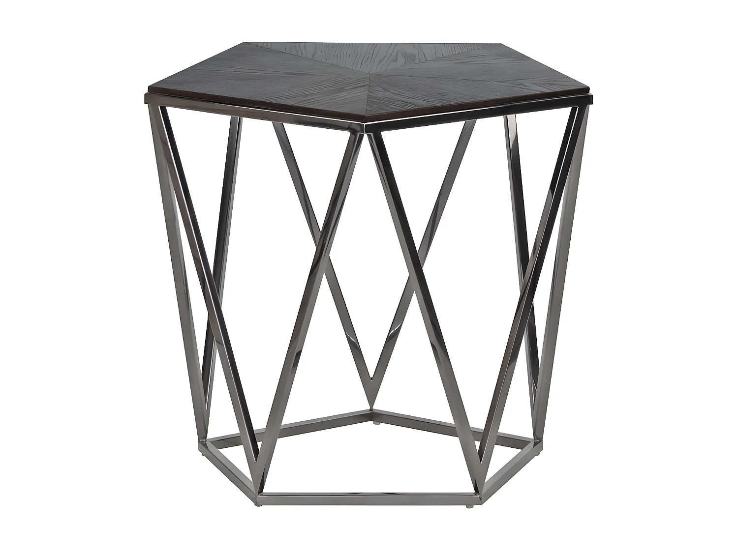 Table basse pentagonale en acier chromé et chêne noir