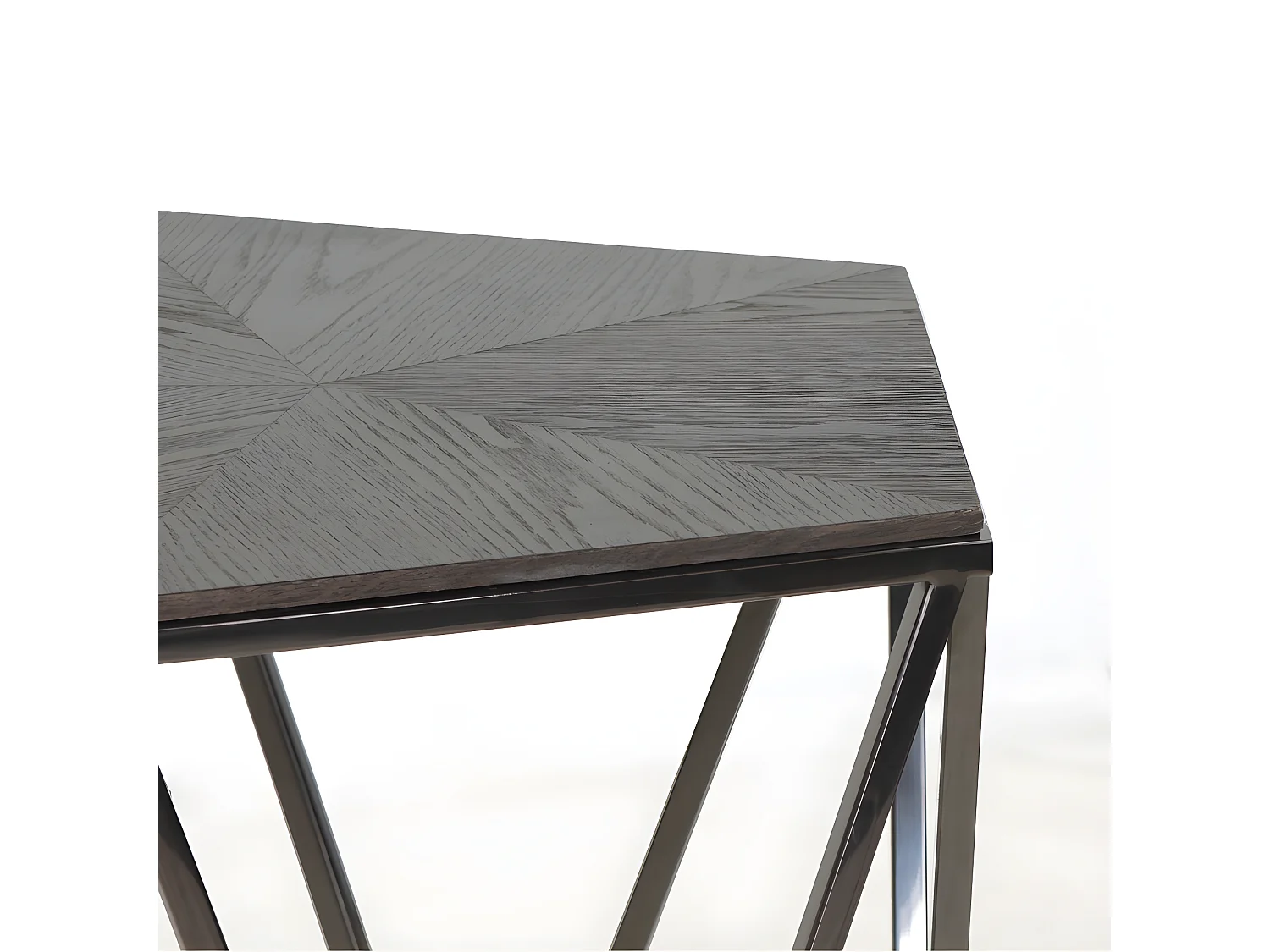 Table basse pentagonale en acier chromé et chêne noir