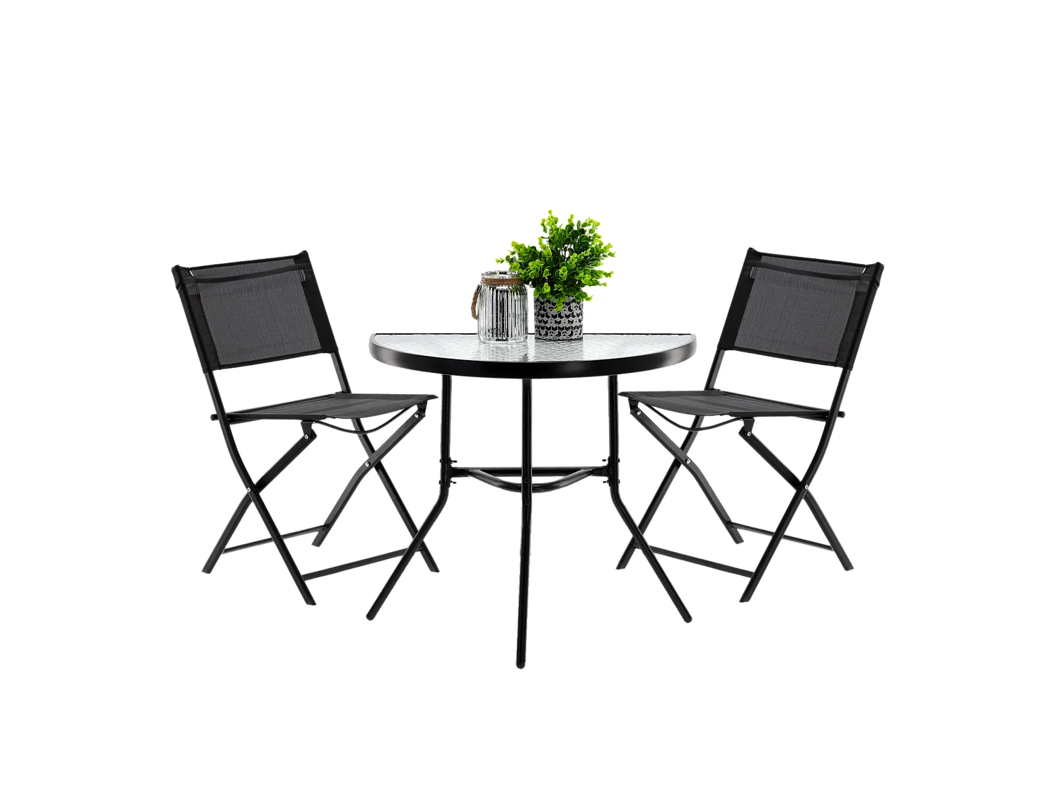 Conjunto de Móveis para Varanda - Mesa Média + 2 Cadeiras Dobráveis ​​Pretas