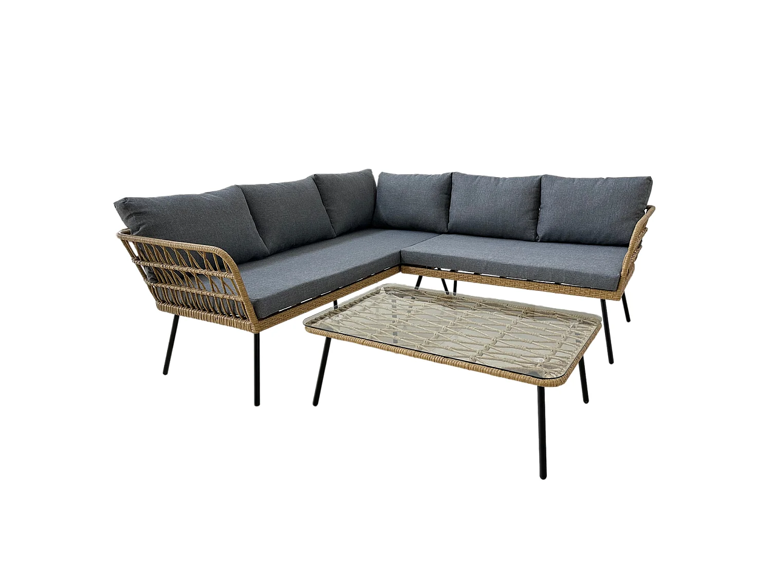 Salon de Jardin Canapé d'Angle, Table Basse - Marron, Coussins Gris