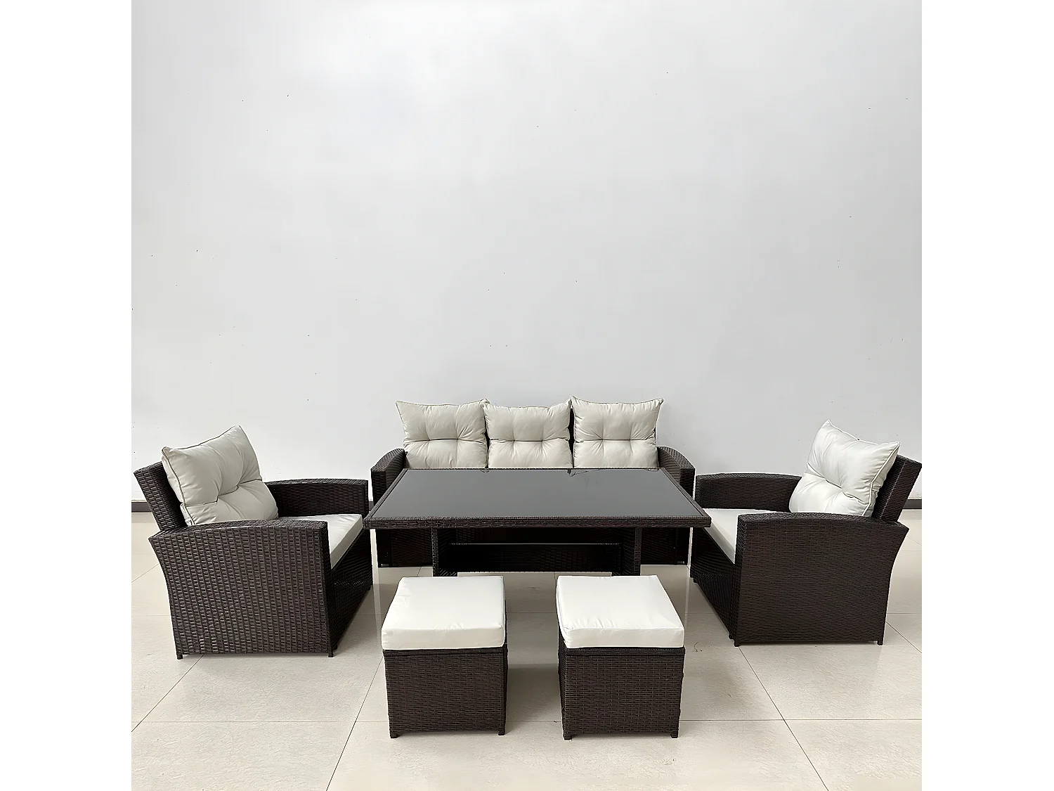 Grand Salon de Jardin 1 Canapé, 2 Chaises, 2 Pouf 1 Table - Marron, Coussins Beige