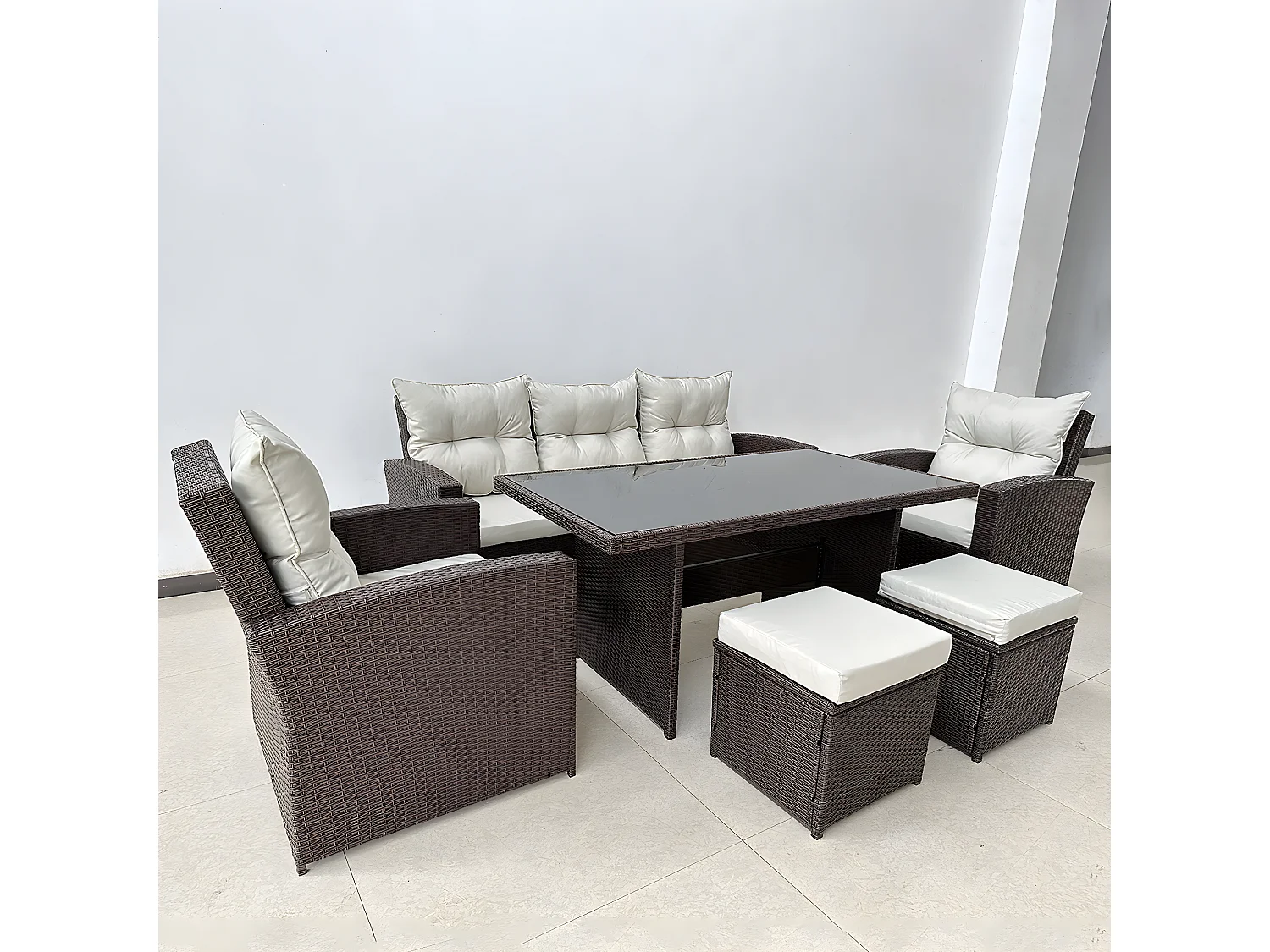 Grand Salon de Jardin 1 Canapé, 2 Chaises, 2 Pouf 1 Table - Marron, Coussins Beige