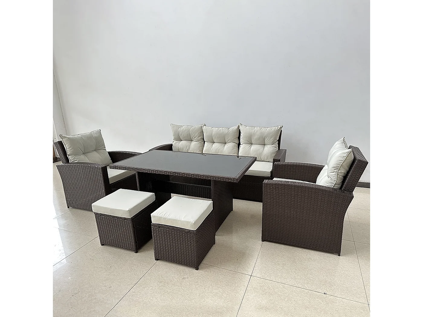 Grand Salon de Jardin 1 Canapé, 2 Chaises, 2 Pouf 1 Table - Marron, Coussins Beige
