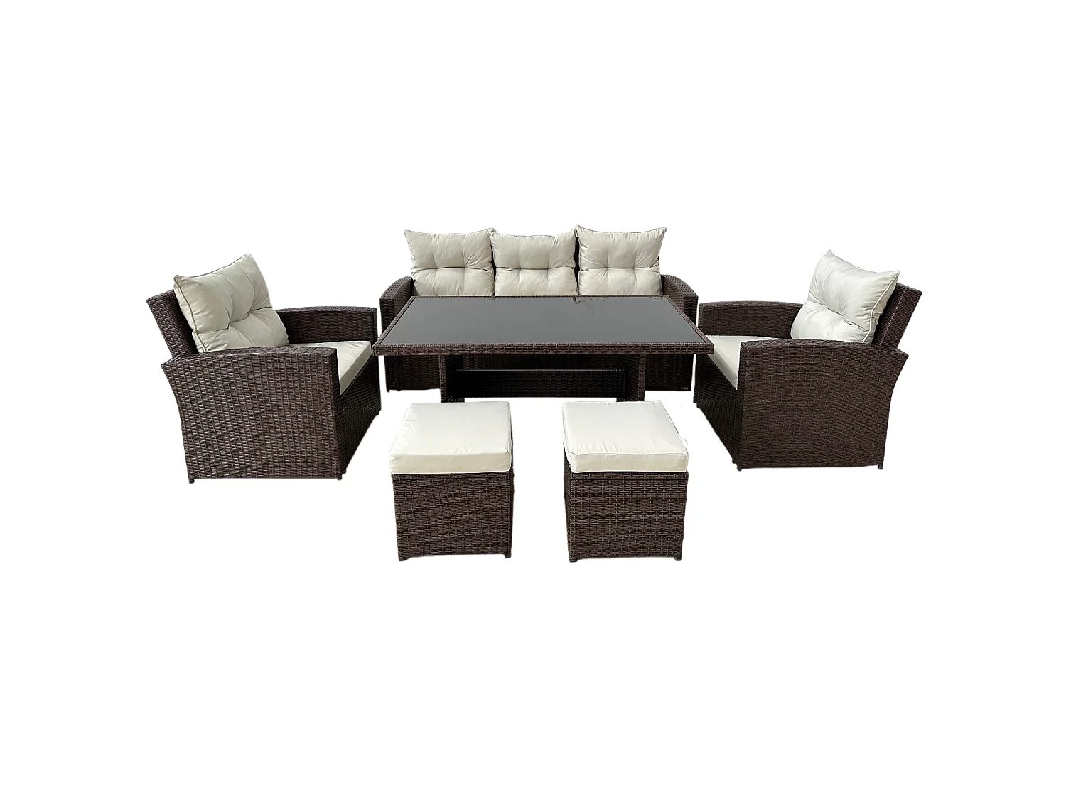 Grand Salon de Jardin 1 Canapé, 2 Chaises, 2 Pouf 1 Table - Marron, Coussins Beige